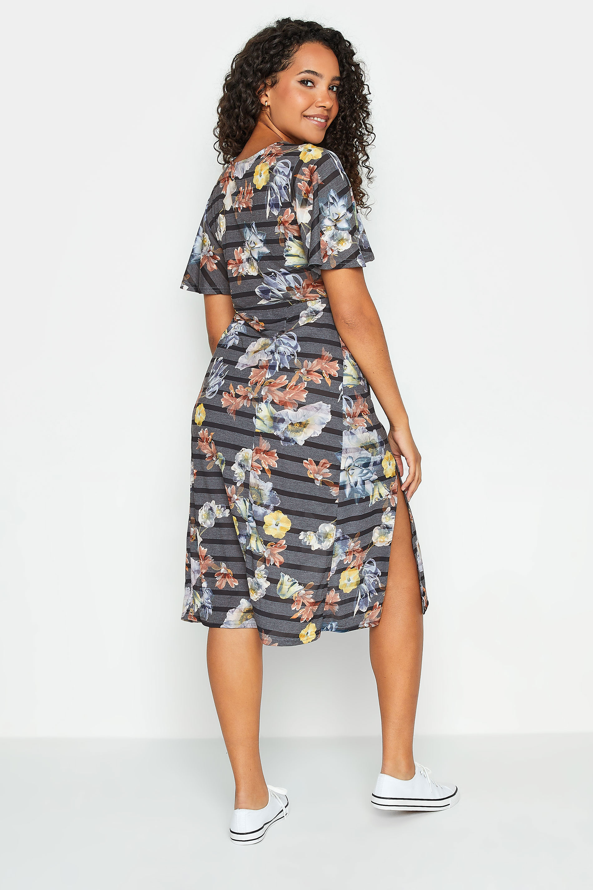 M&Co Grey Floral Stripe Angel Sleeve Split Hem Midi Dress | M&Co 3