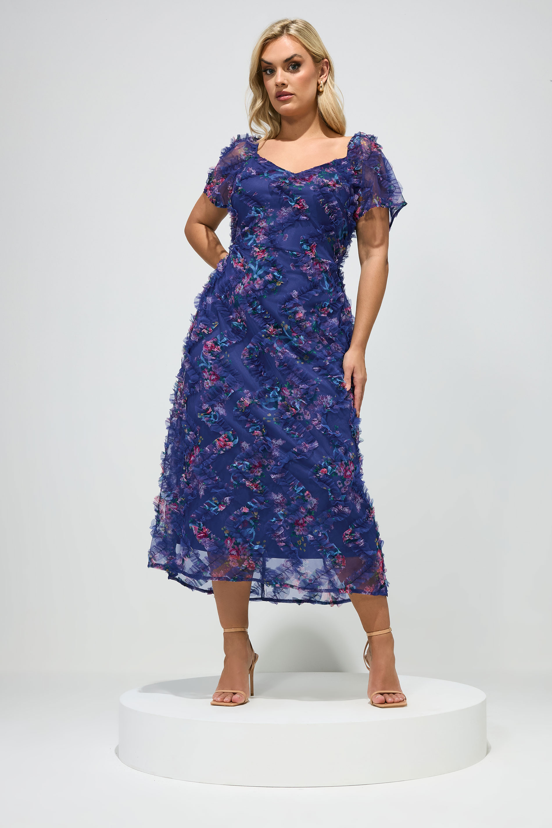 YOURS LONDON Plus Size Navy Blue Floral Chevron Ruffle Dress | Yours Clothing 2