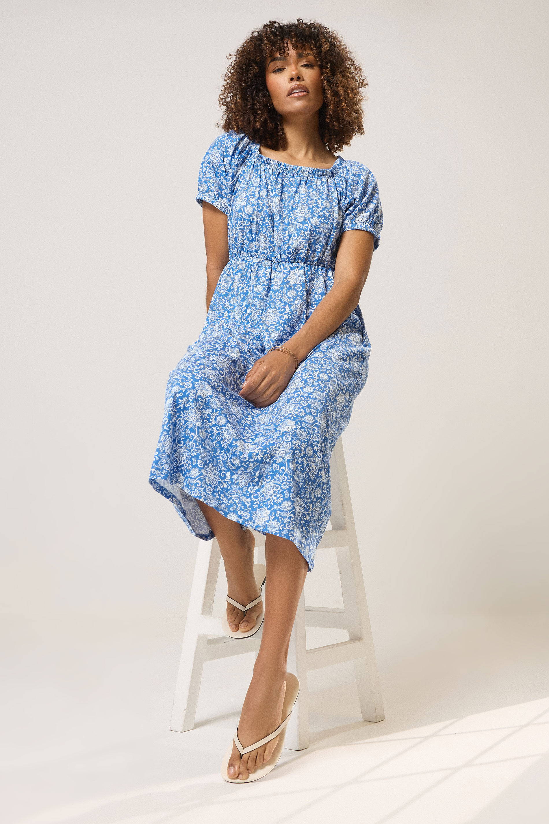 M&Co Blue Floral Print Cotton Midi Dress | M&Co 2