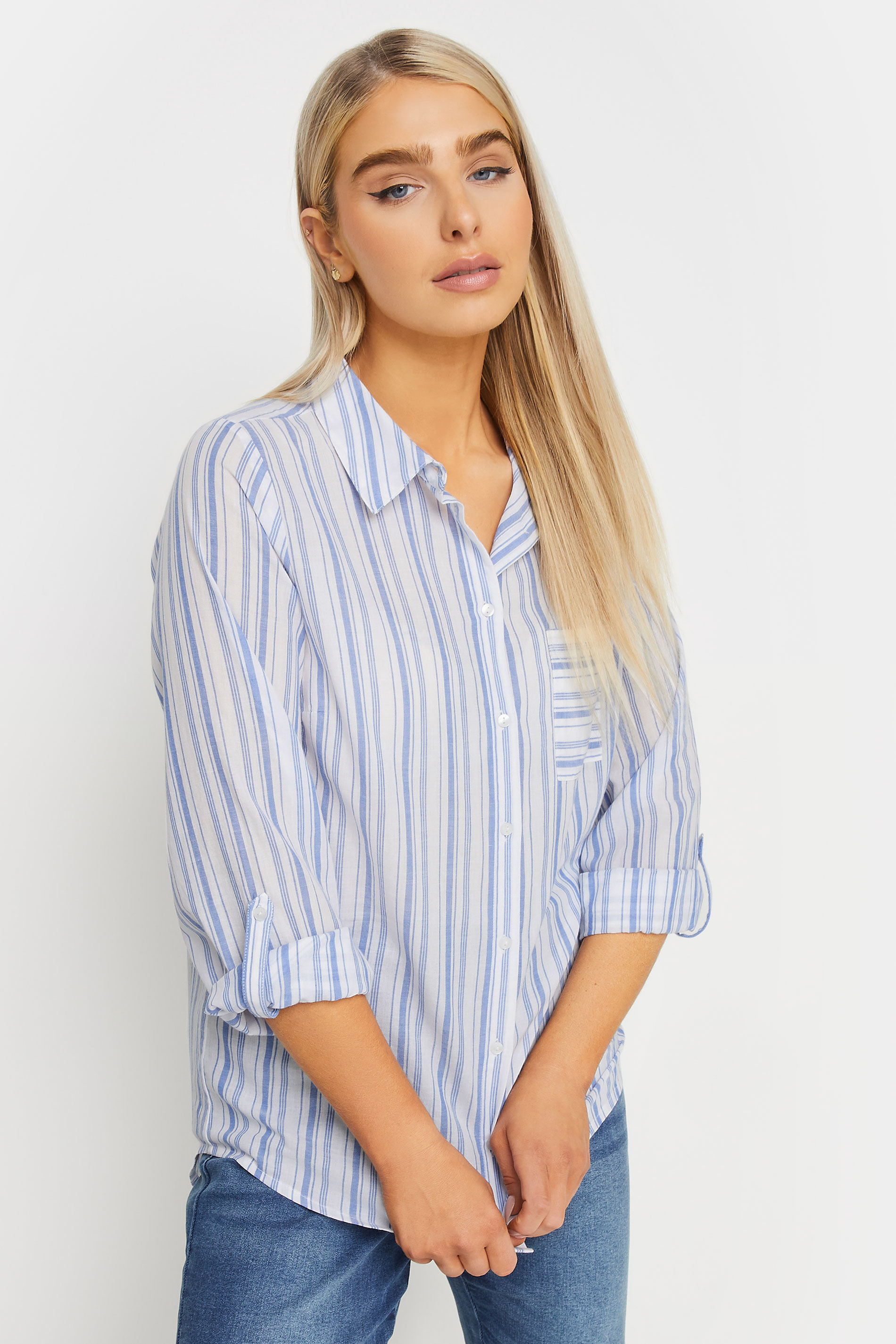 M&Co White & Blue Striped Tab Sleeve Shirt | M&Co 1