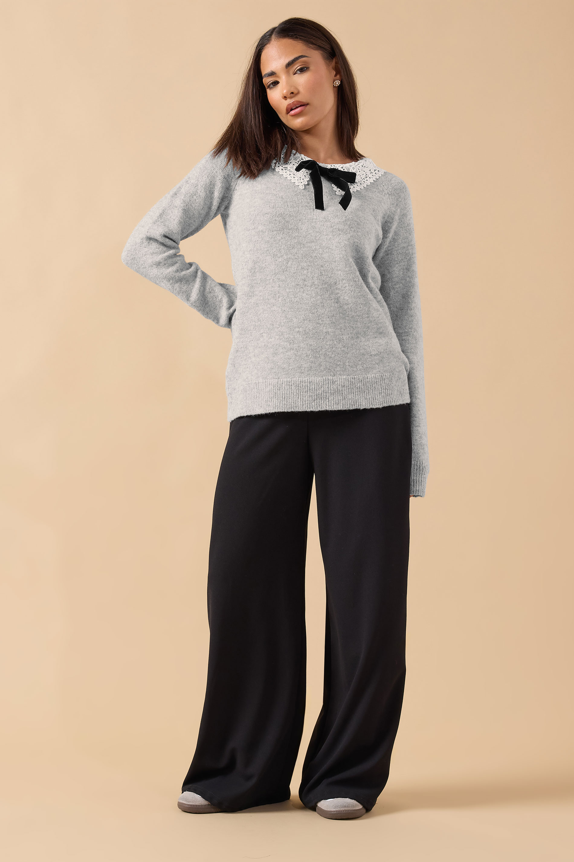 PixieGirl Petite Women's Grey Lace Collar Bow Jumper | PixieGirl 1