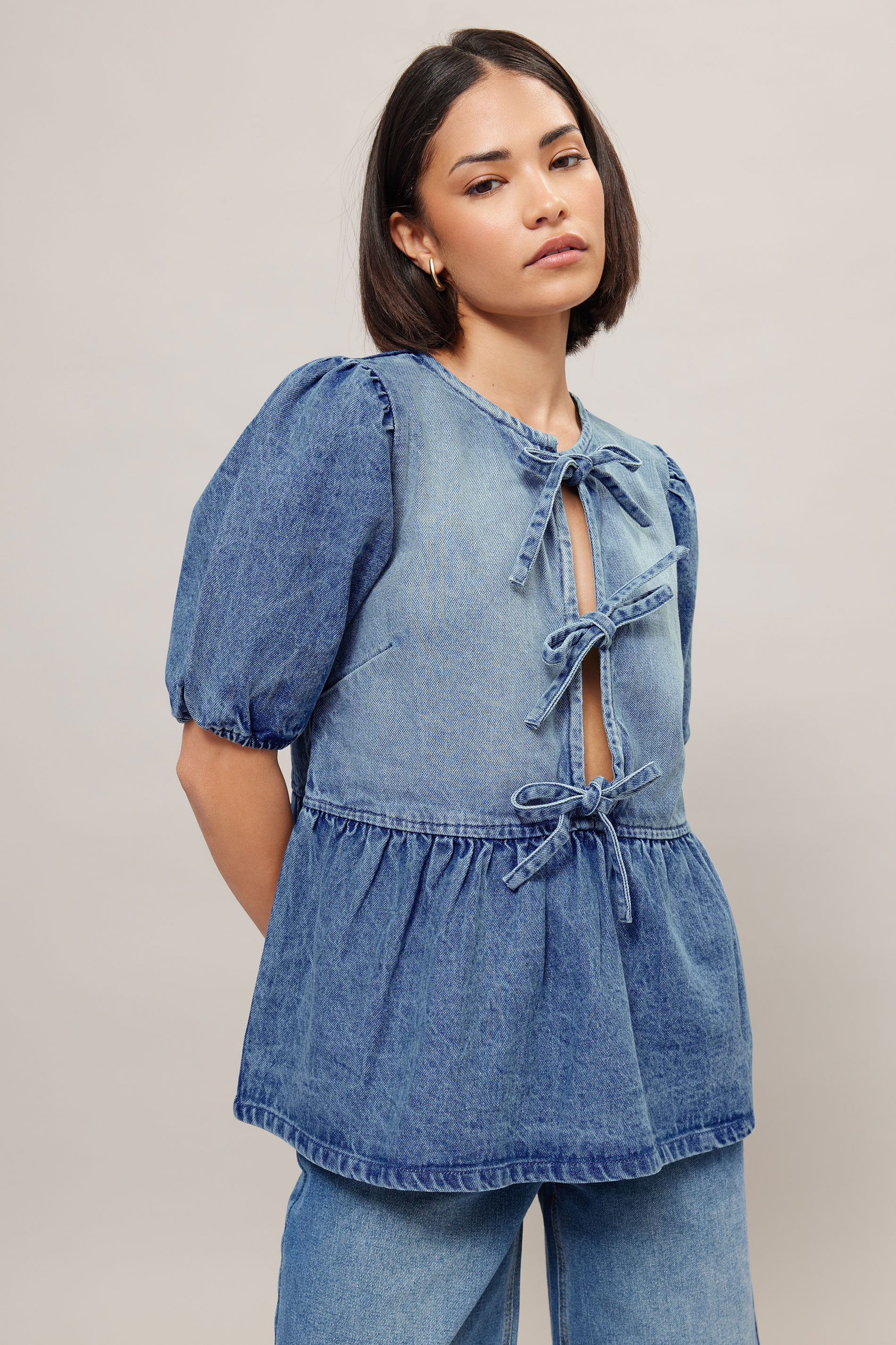 PixieGirl Petite Women's Blue Denim Tie Front Peplum Top | PixieGirl 3