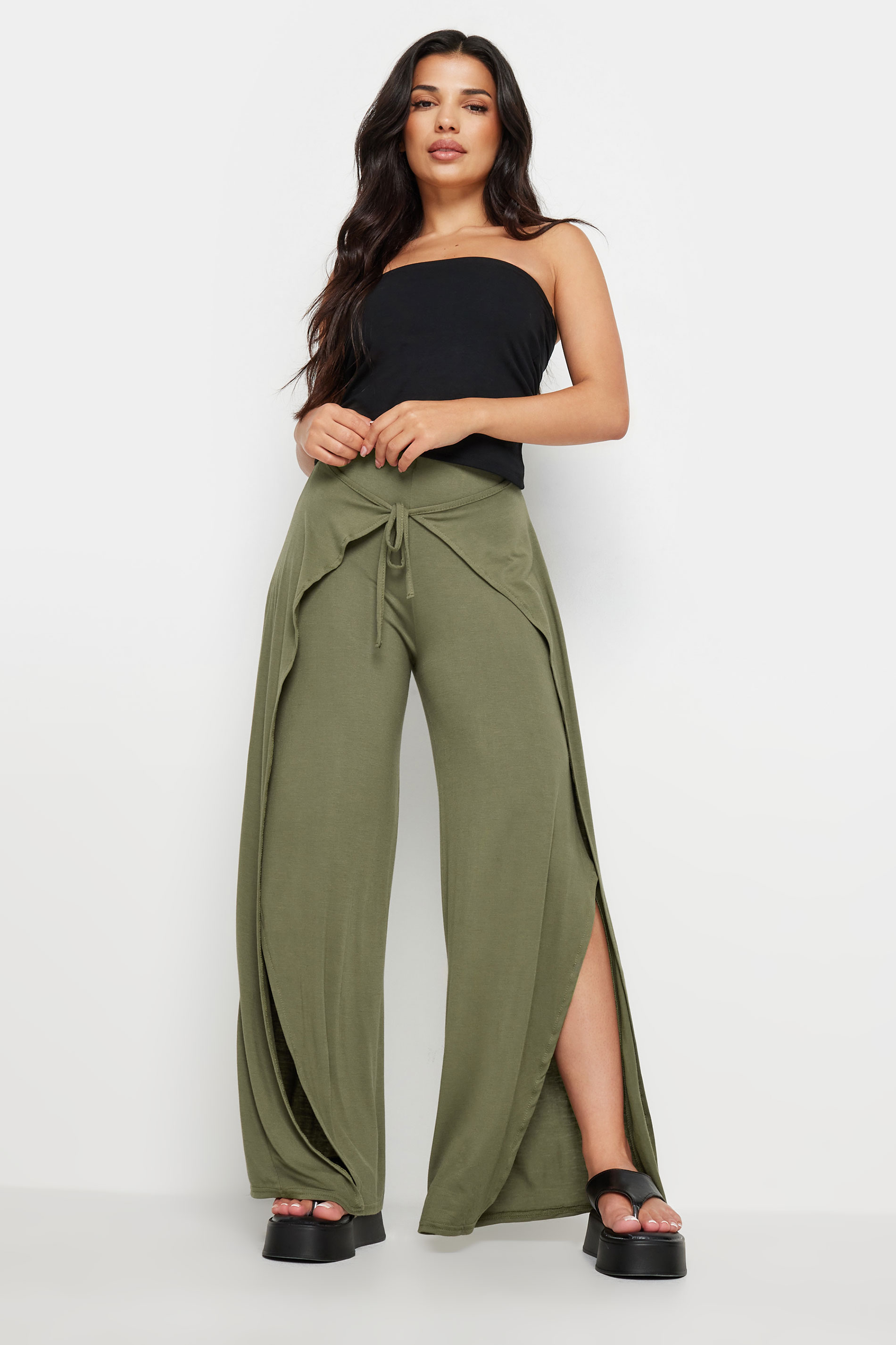 PixieGirl Petite Women's Khaki Green Wide Leg Wrap Trousers | PixieGirl 3