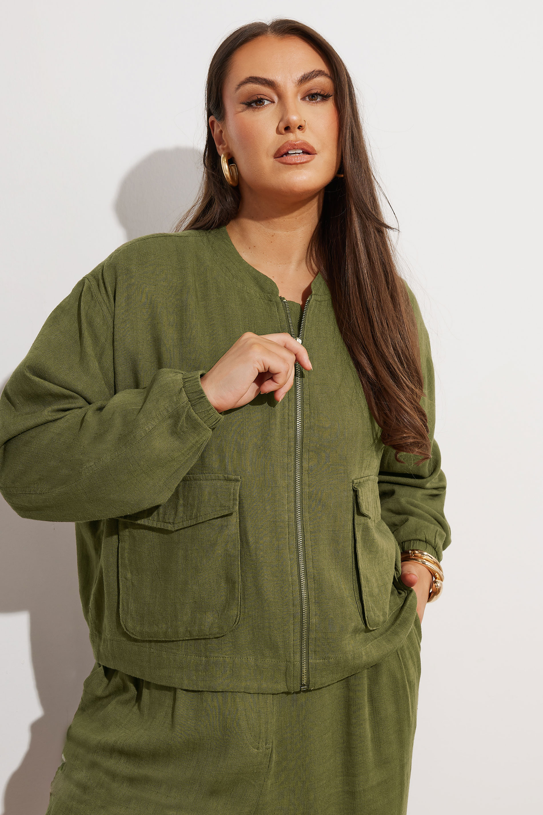 YOURS Plus Size Khaki Green Linen Bomber Jacket | Yours Clothing 5