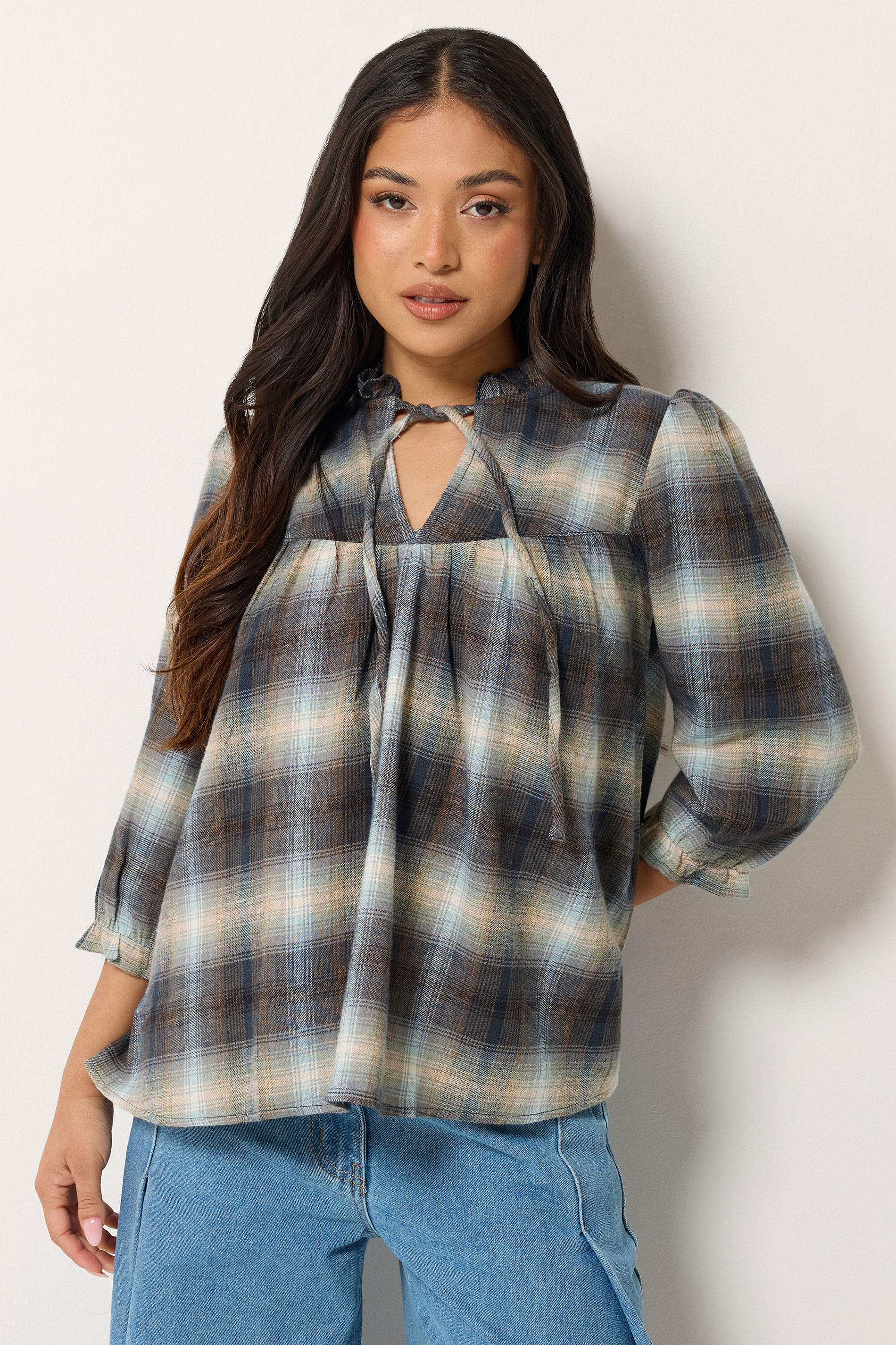 PixieGirl Petite Women's Blue Brushed Check Tie Front Smock Top | PixieGirl 1