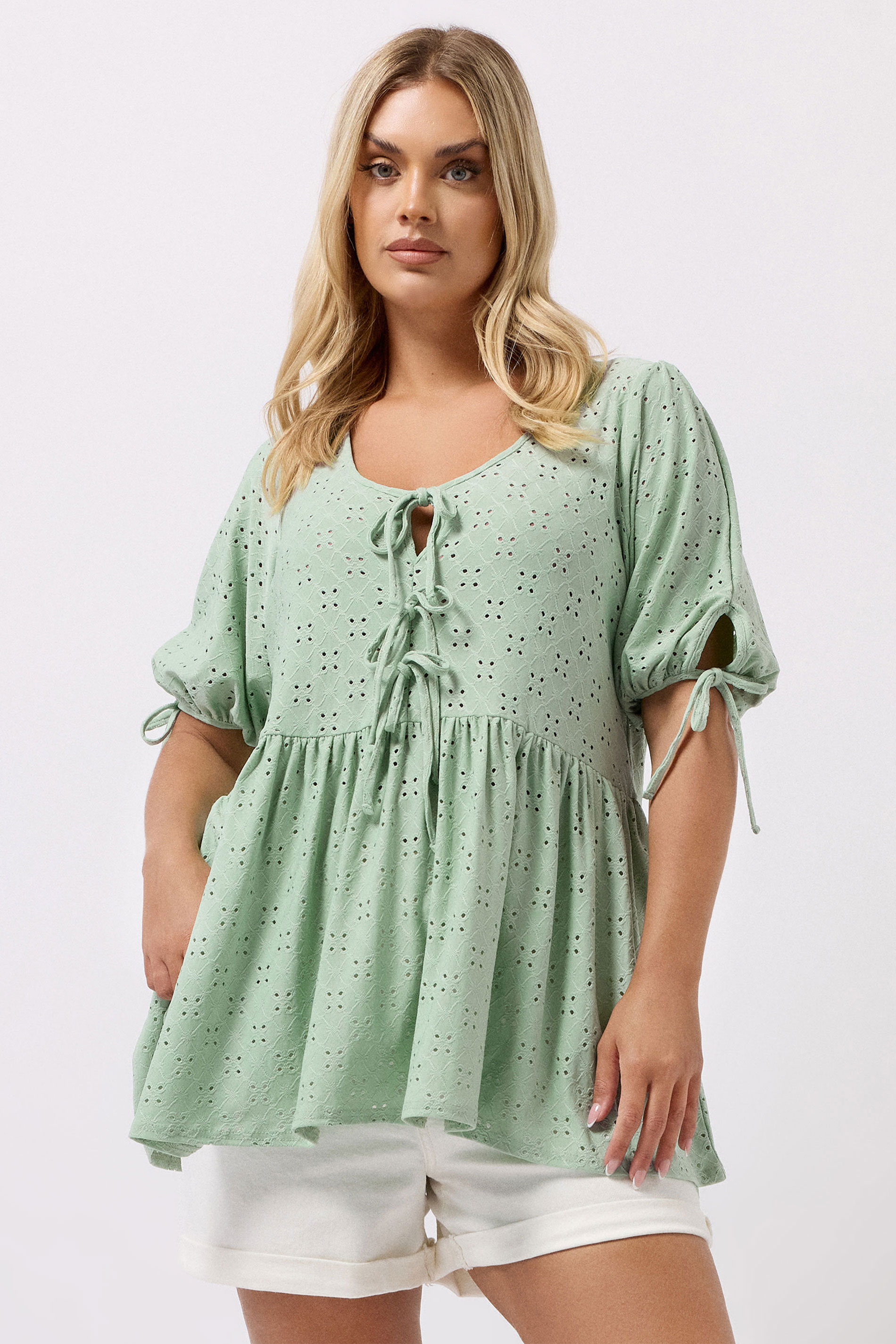 YOURS Plus Size Green Broderie Anglaise Tie Front Peplum Top | Yours Clothing 3