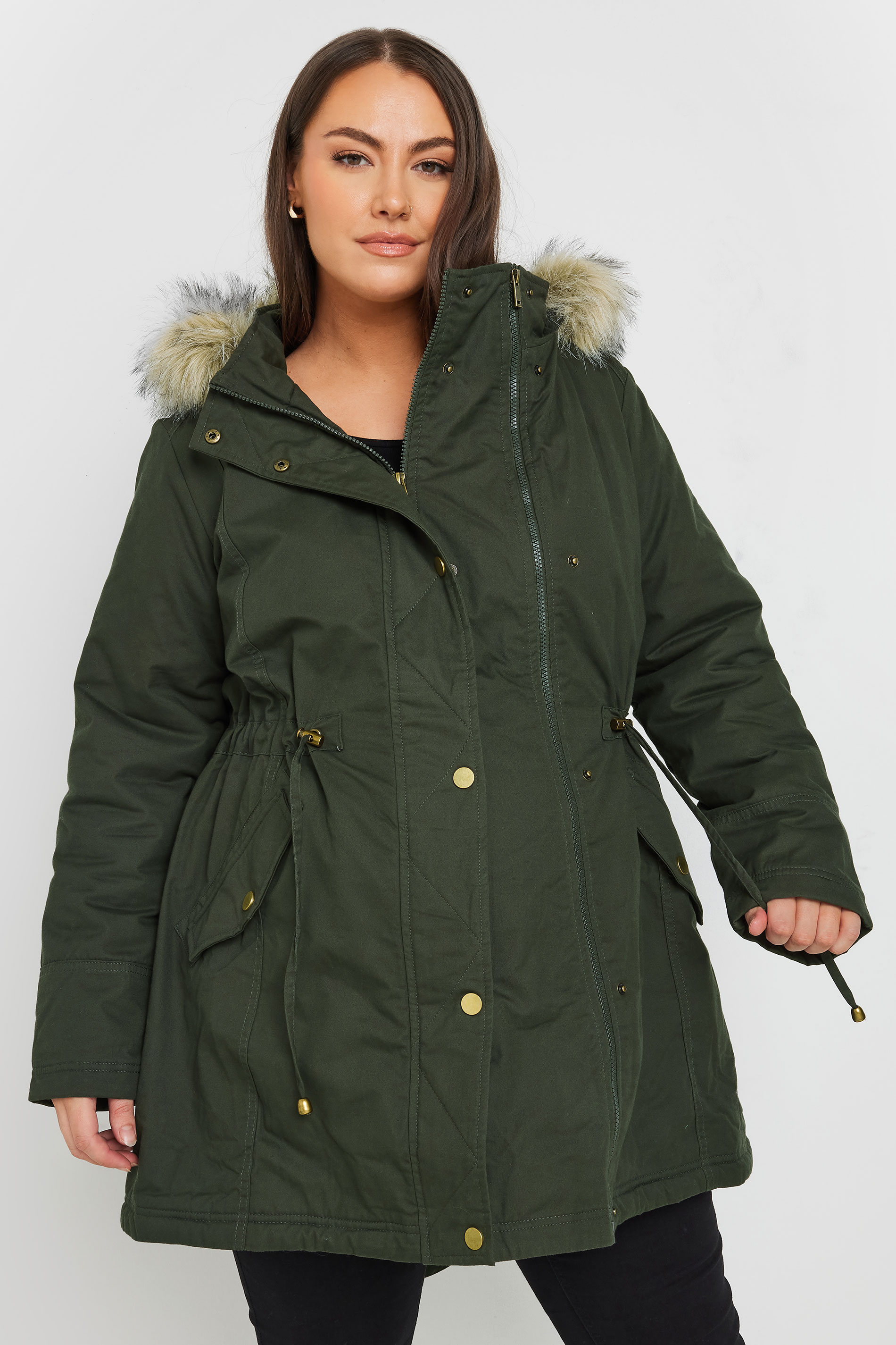 BUMP IT UP MATERNITY Khaki Green Fur Trim Parka | Yours Clothing 1