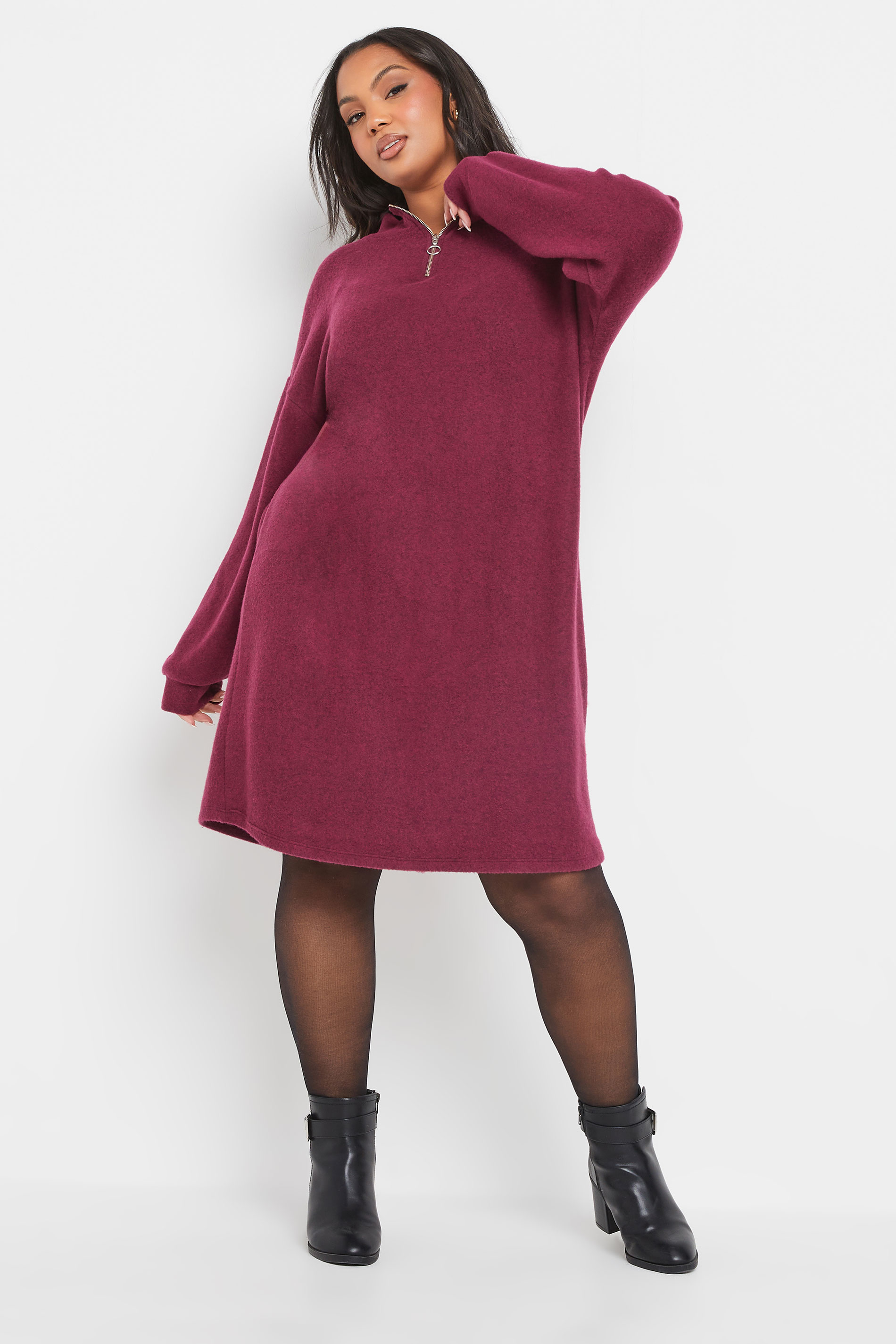 YOURS Plus Size Dark Pink Soft Touch Zip Jumper Dress | Yours Clothing 3