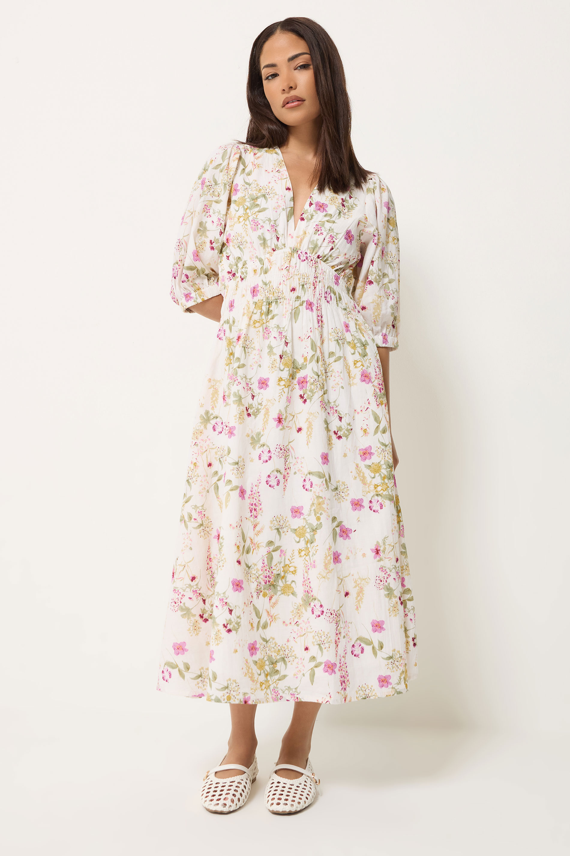 PixieGirl Petite Women's Pink Floral Midi Tea Dress | PixieGirl 1
