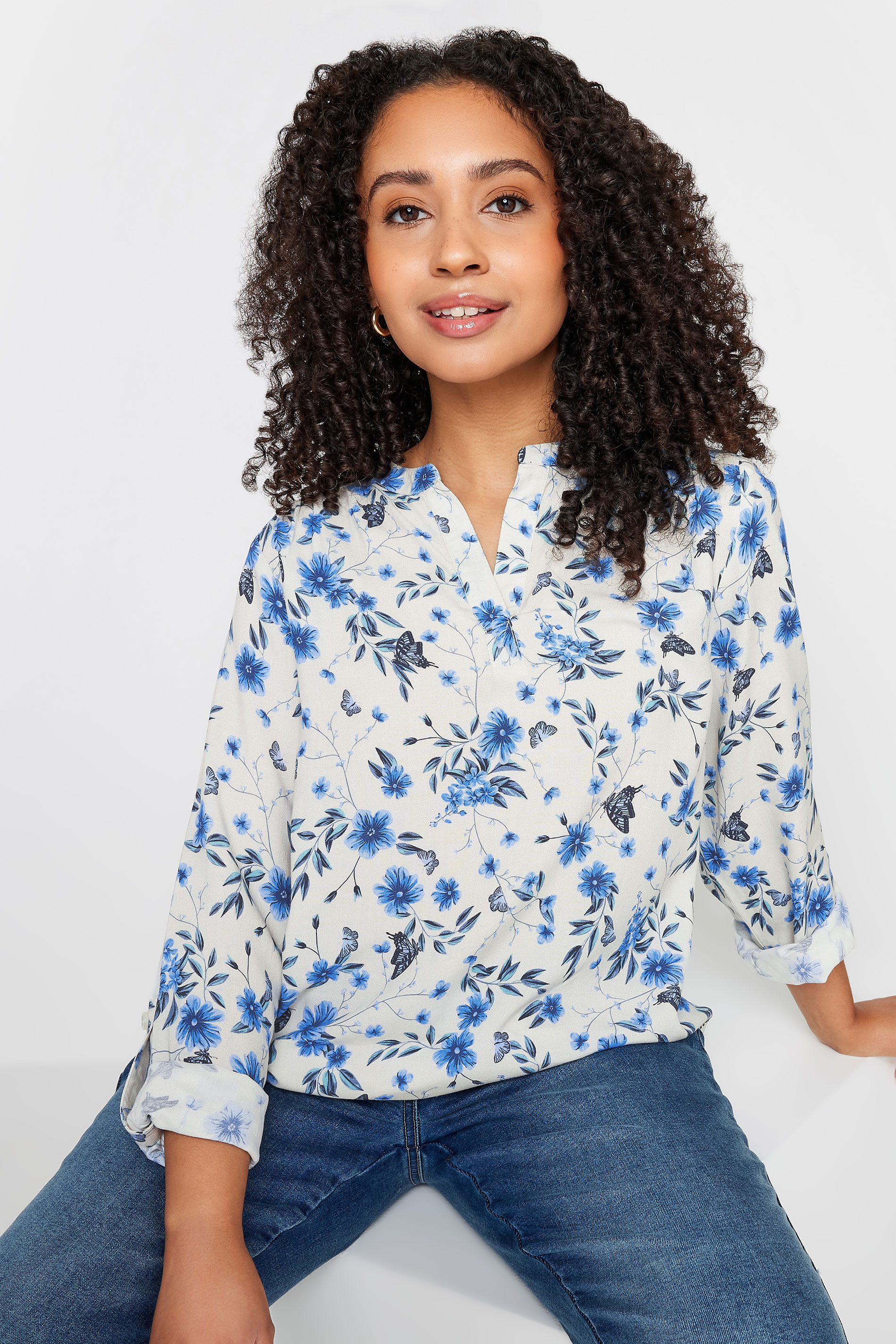 M&Co Petite Ivory White & Blue Butterfly Print Blouse | M&Co 1