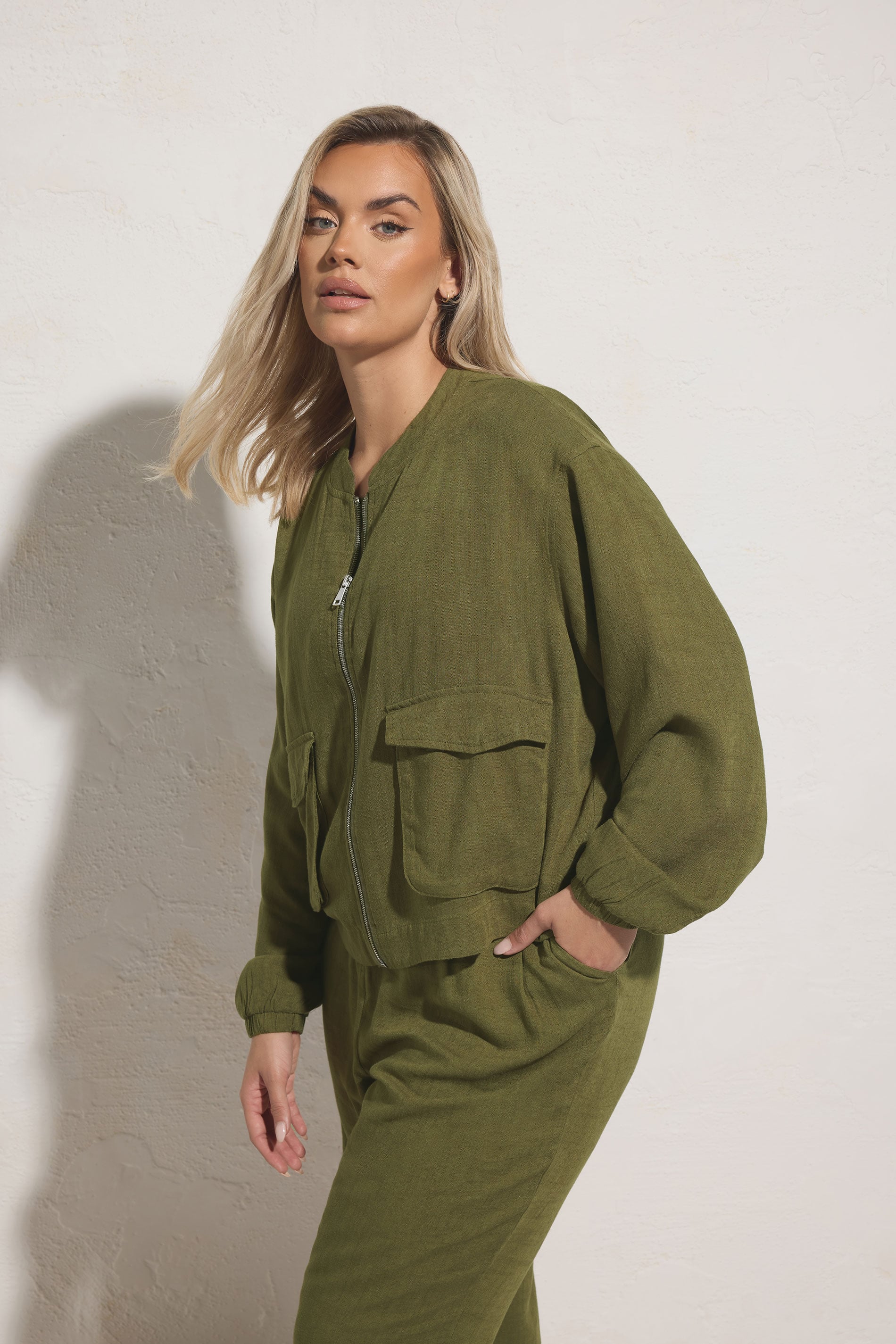 YOURS Plus Size Khaki Green Linen Bomber Jacket | Yours Clothing 3