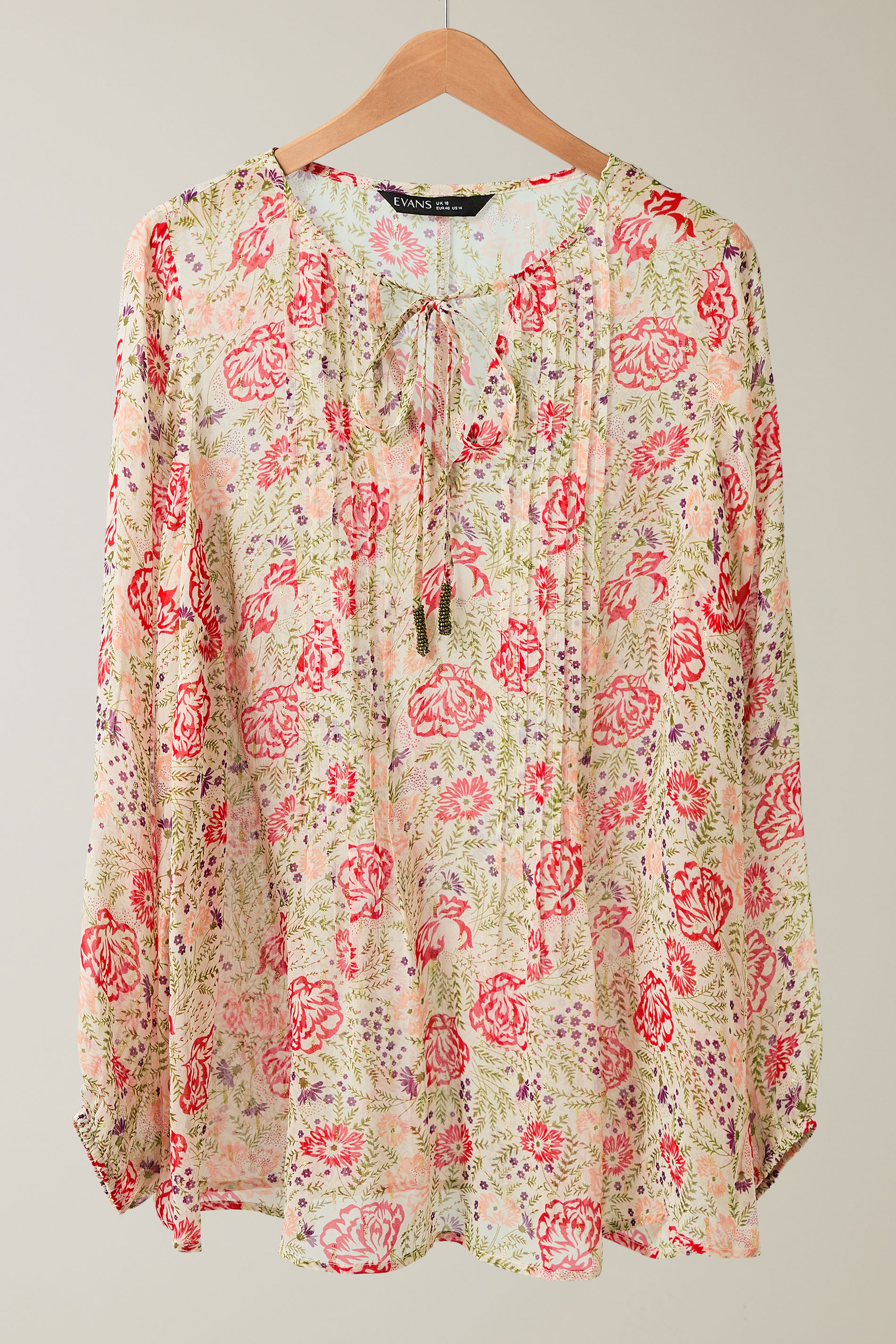 EVANS Plus Size Natural Brown Floral Tie Neck Blouse | Evans 6