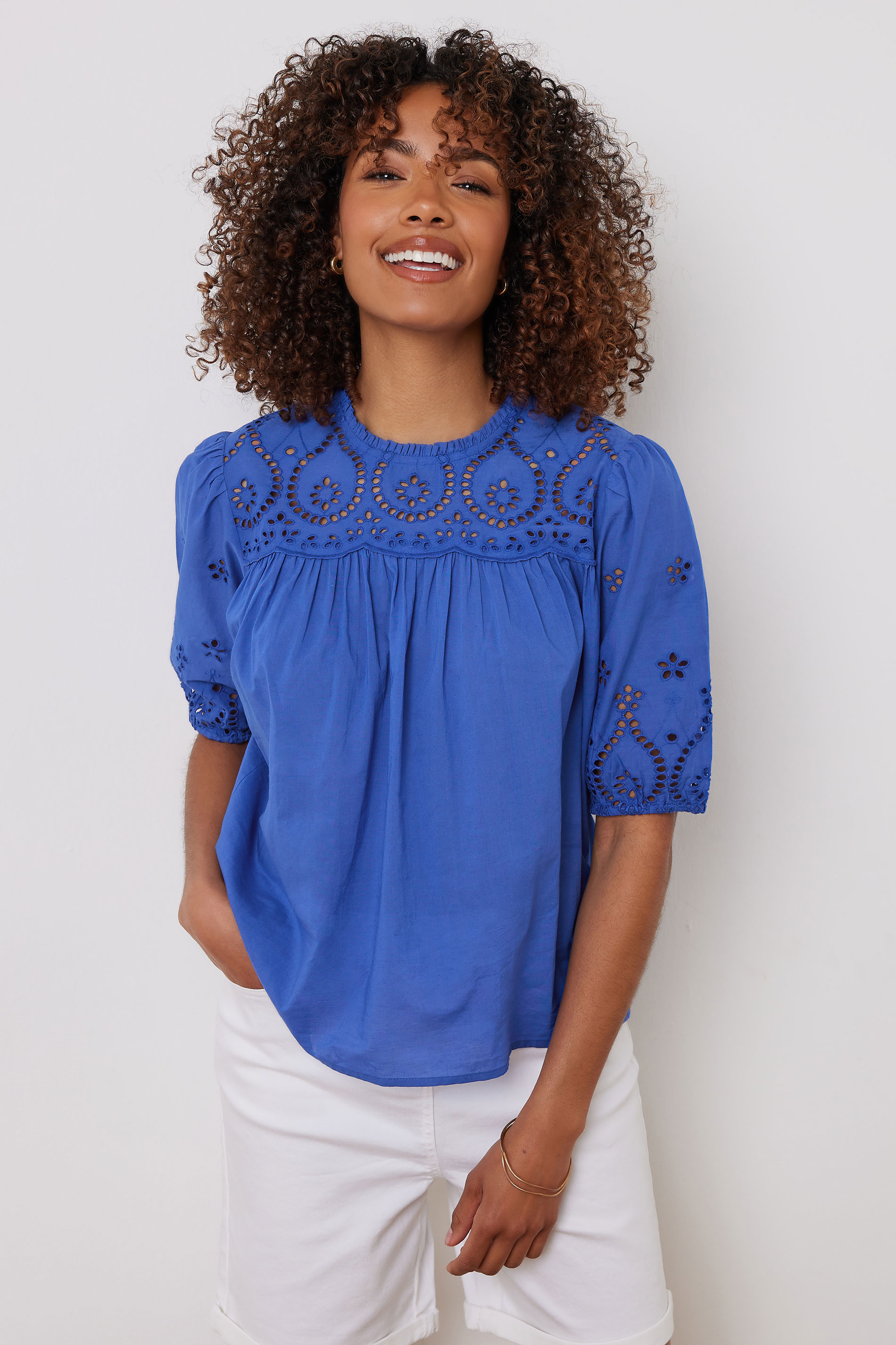 M&Co Cobalt Blue Cotton Broderie Panel Blouse | M&Co 5