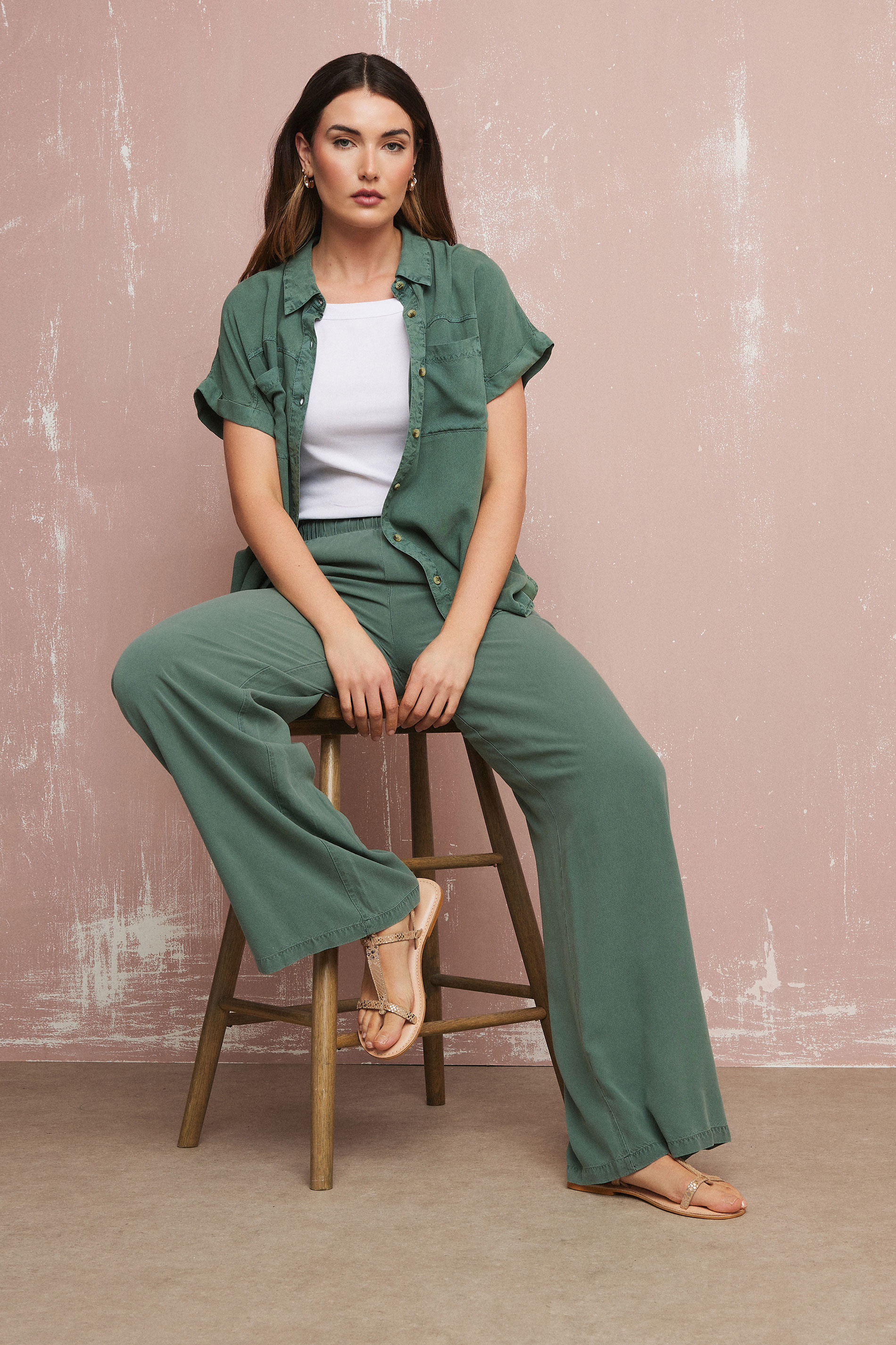 LTS Tall Khaki Green Acid Wash Wide Leg Trousers | Long Tall Sally 3