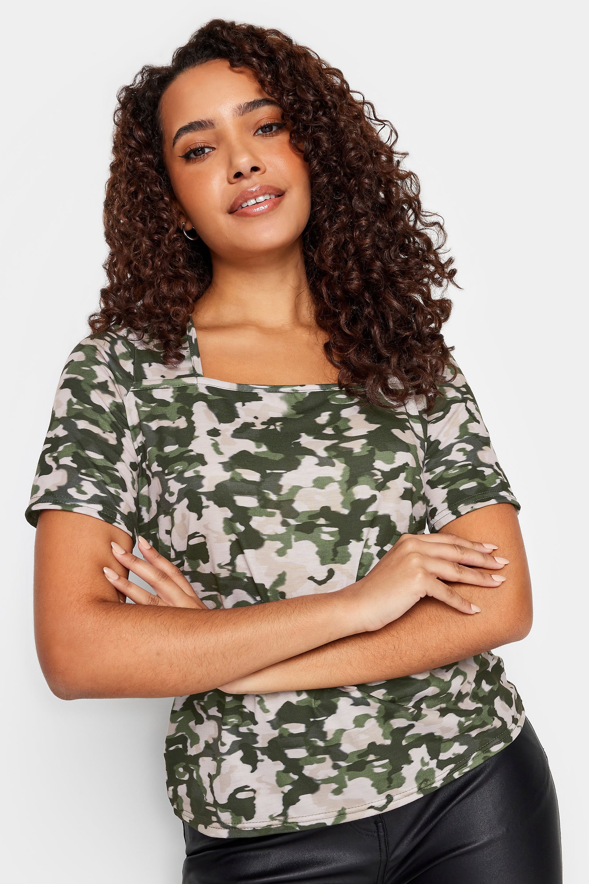 M&Co Khaki Green Abstract Print Square Neck Top | M&Co 1