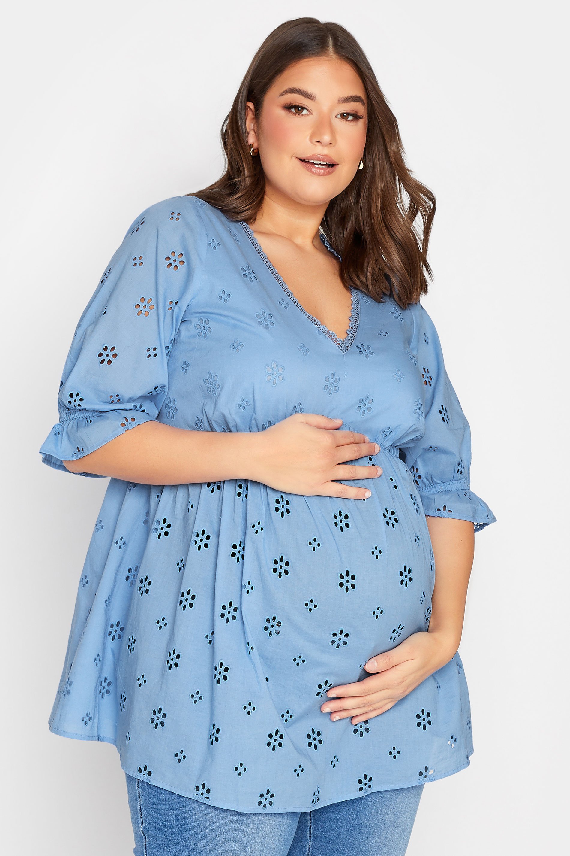 BUMP IT UP MATERNITY Plus Size Blue Broderie Anglaise Blouse | Yours Clothing 2