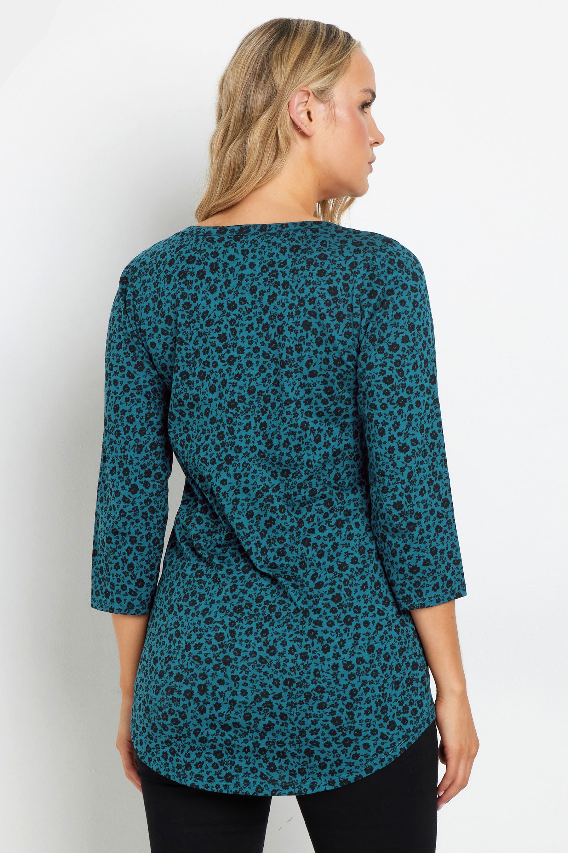 LTS Tall Teal Blue Ditsy Floral Cotton Henley Top | Long Tall Sally 2