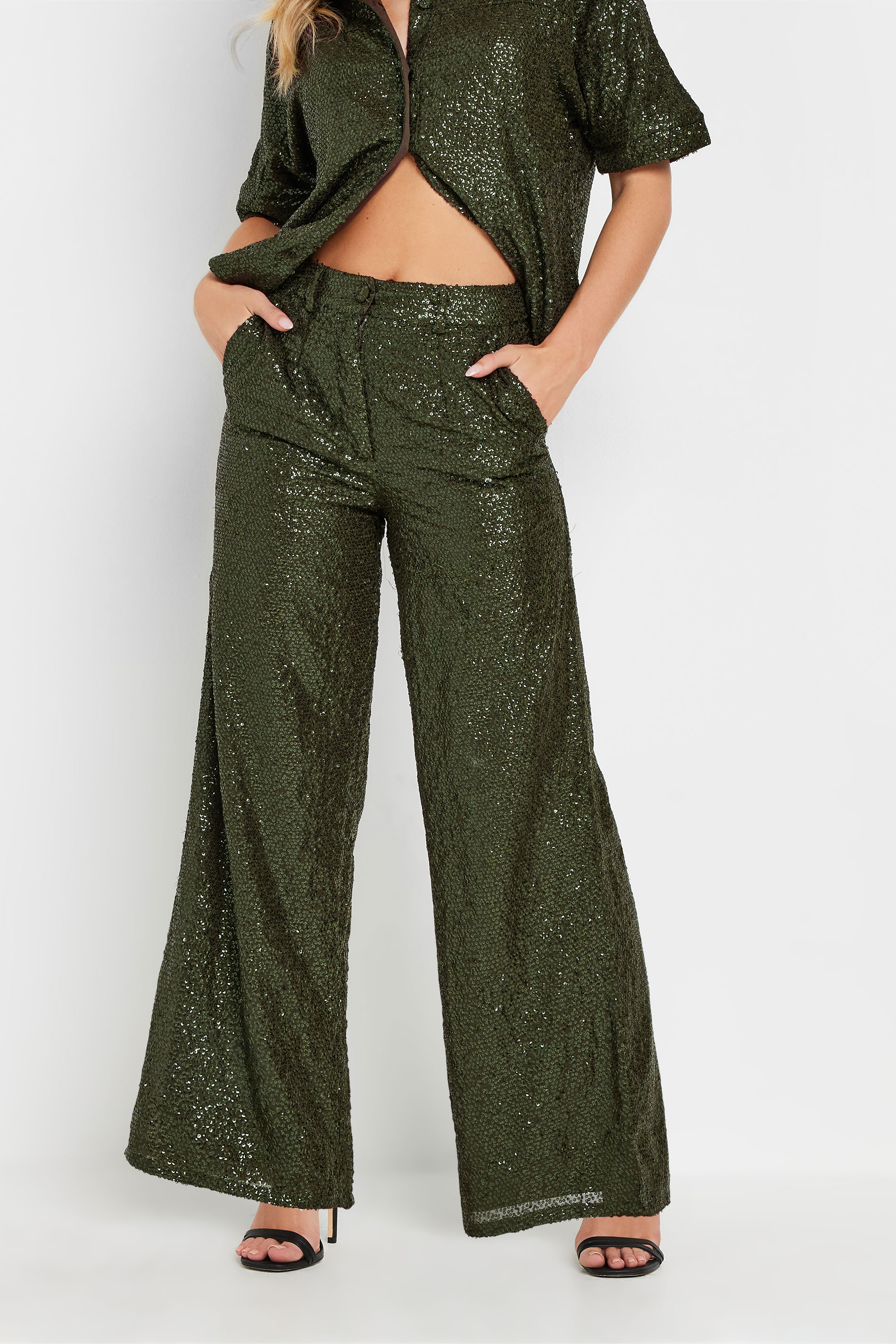 PixieGirl Petite Women's Khaki Green Sequin Embellished Wide Leg Trousers | PixieGirl 1