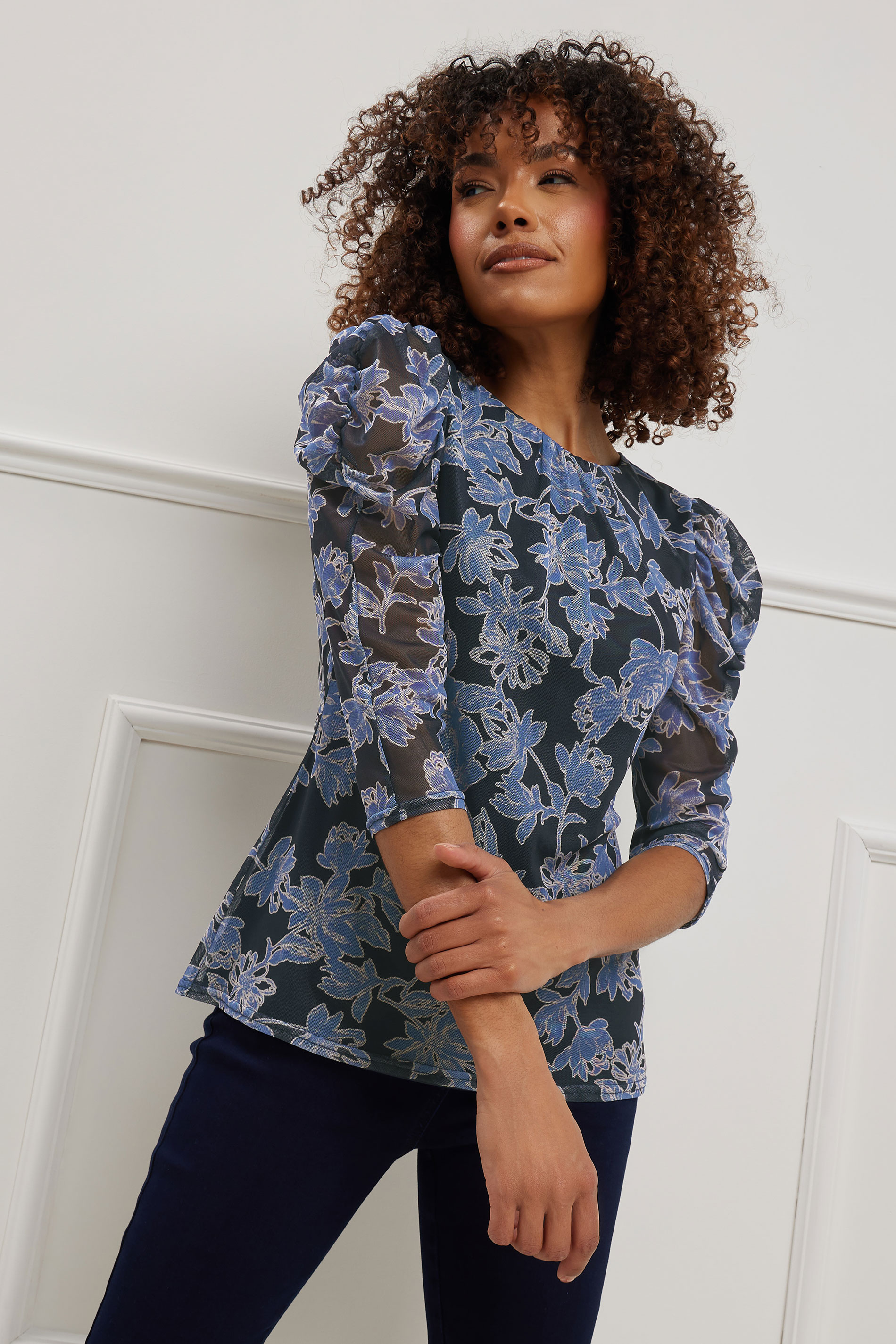 M&Co Navy Blue Floral Print Mesh Ruched Sleeve Top | M&Co 3