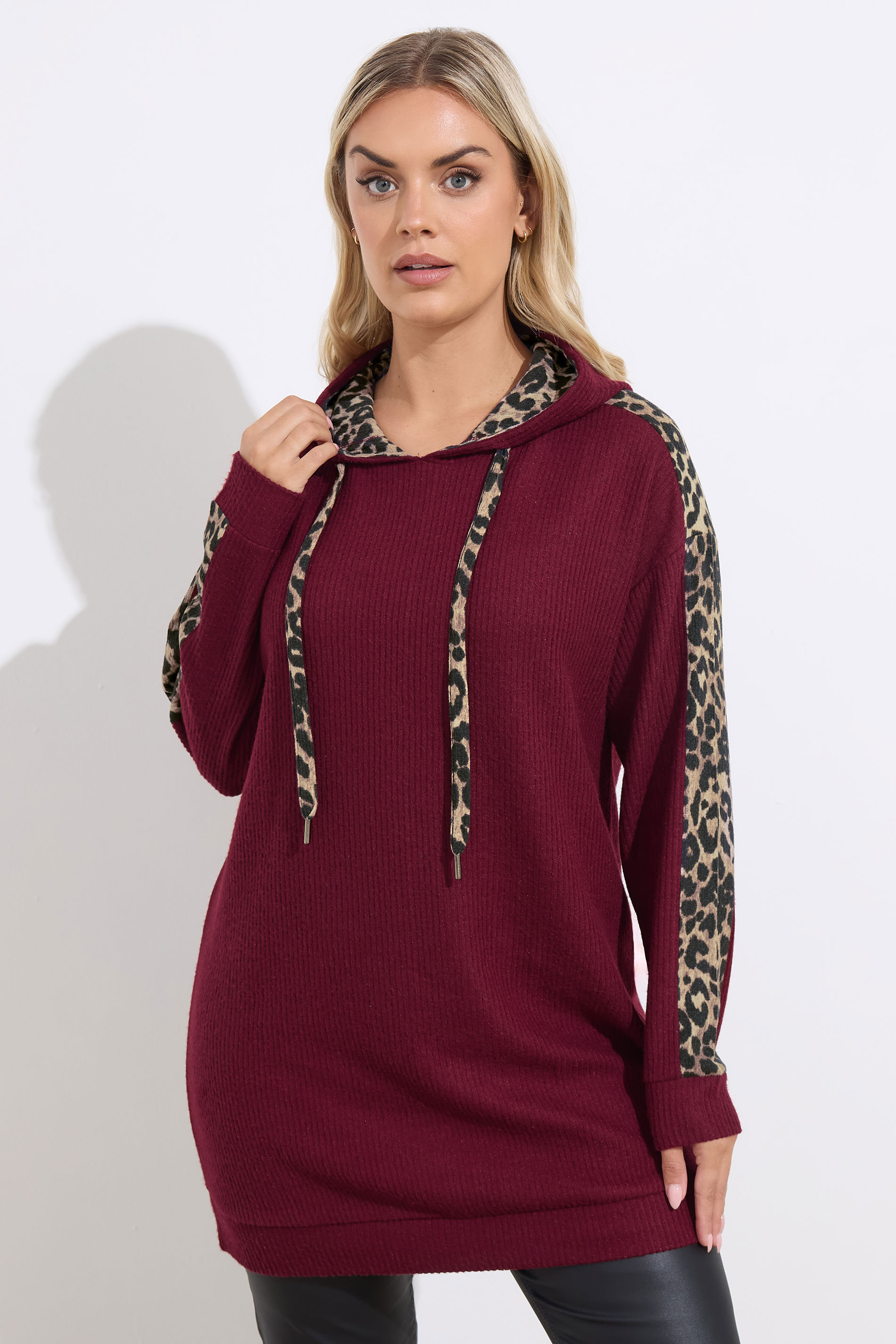 YOURS Plus Size Burgundy Red Leopard Print Trim Hoodie | Yours Clothing  3