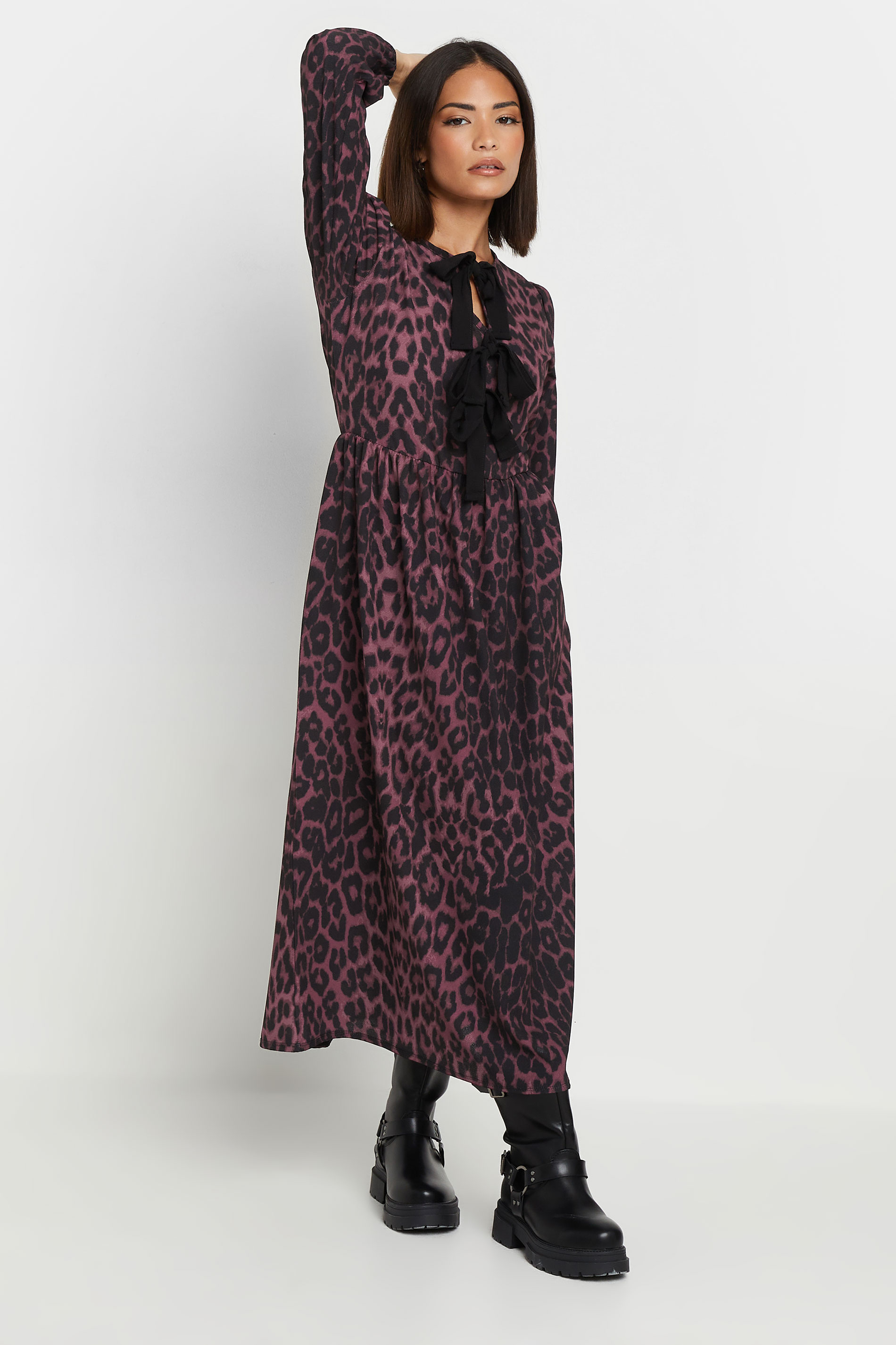 PixieGirl Petite Women's Burgundy Red Leopard Print Tie Bow Dress | PixieGirl 1