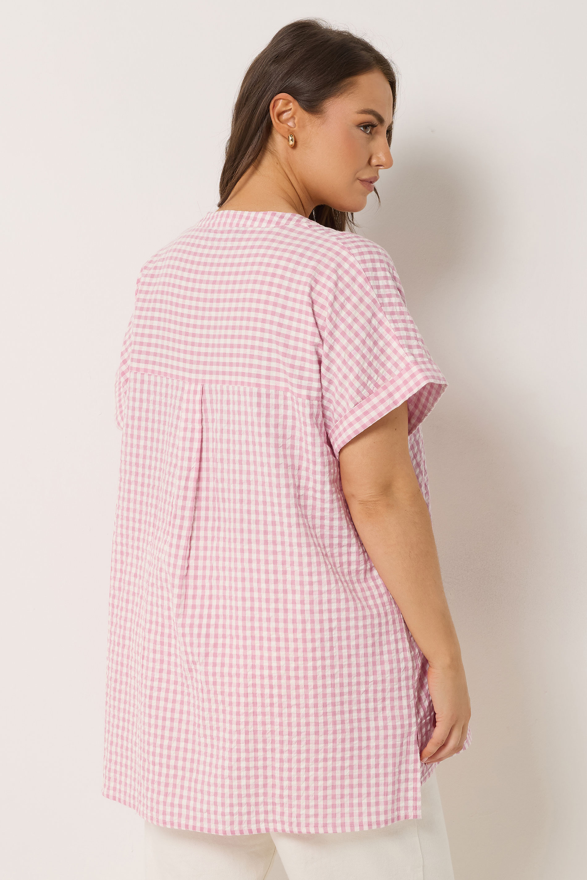 YOURS Plus Size Pink Check Overhead Half Placket Shirt | Yours Clothing 2