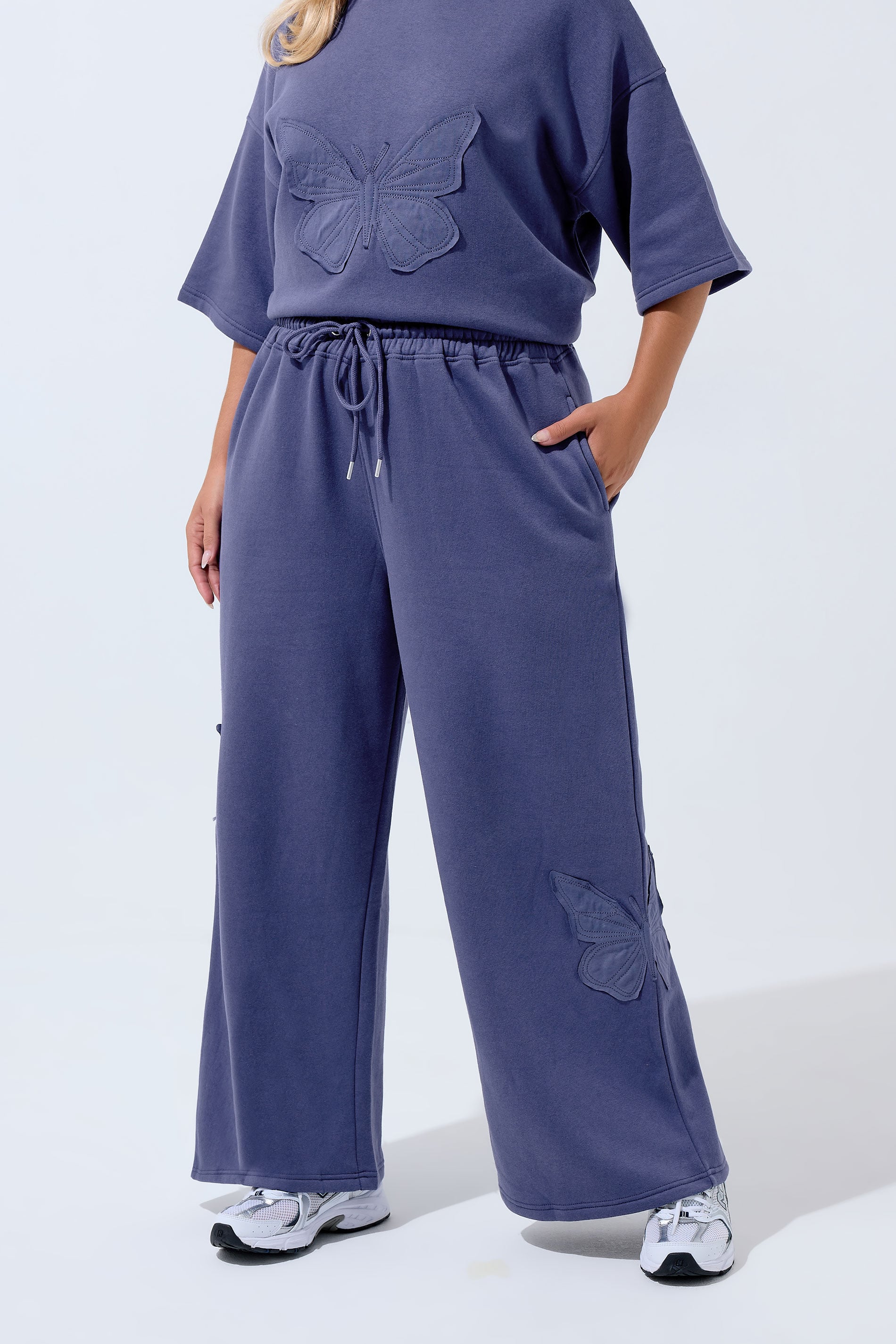 LIMITED COLLECTION Plus Size Navy Blue Embroidered Butterfly Wide Leg Joggers | Yours Clothing 1