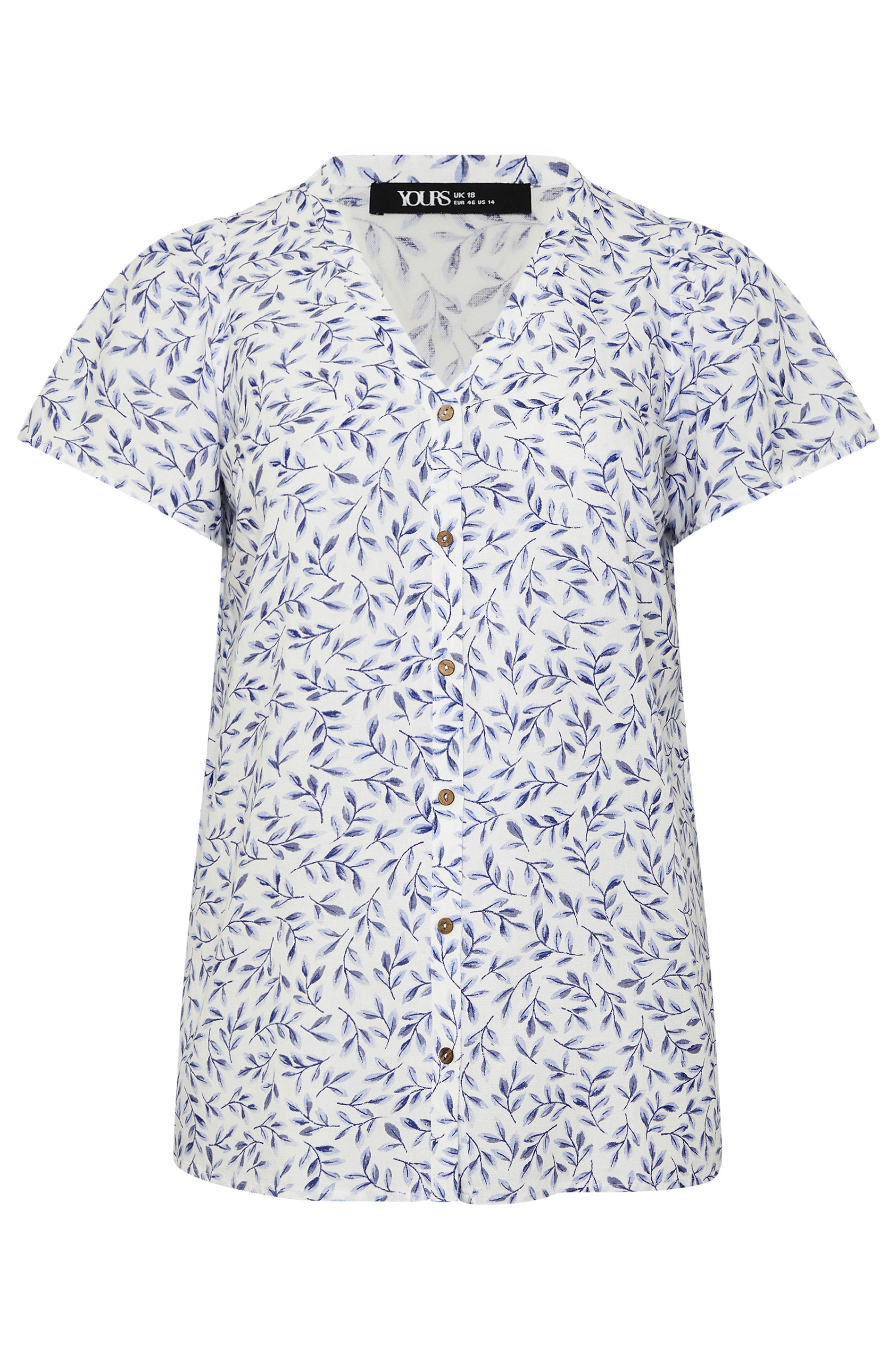 YOURS Plus Size White & Blue Leaf Print Linen Blouse | Yours Clothing 5