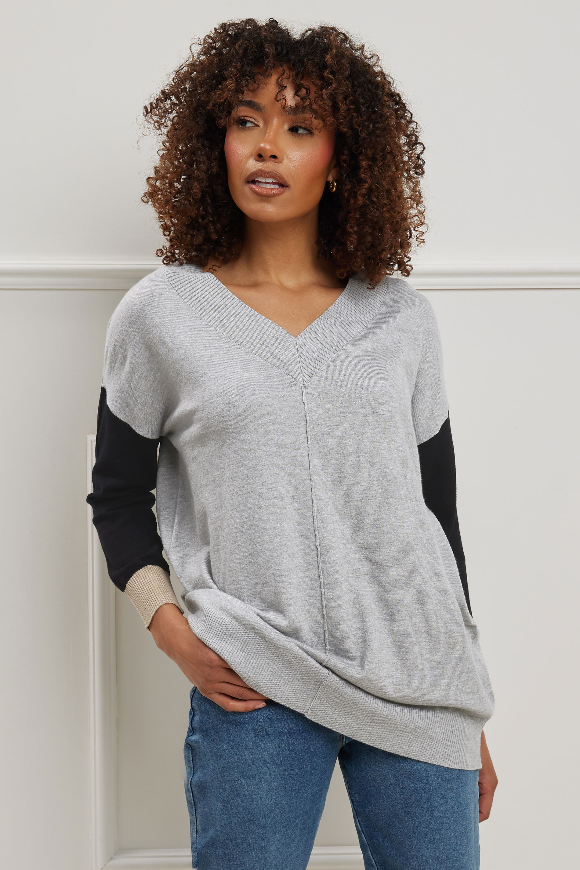 M&Co Grey Colourblock V-Neck Jumper | M&Co 2