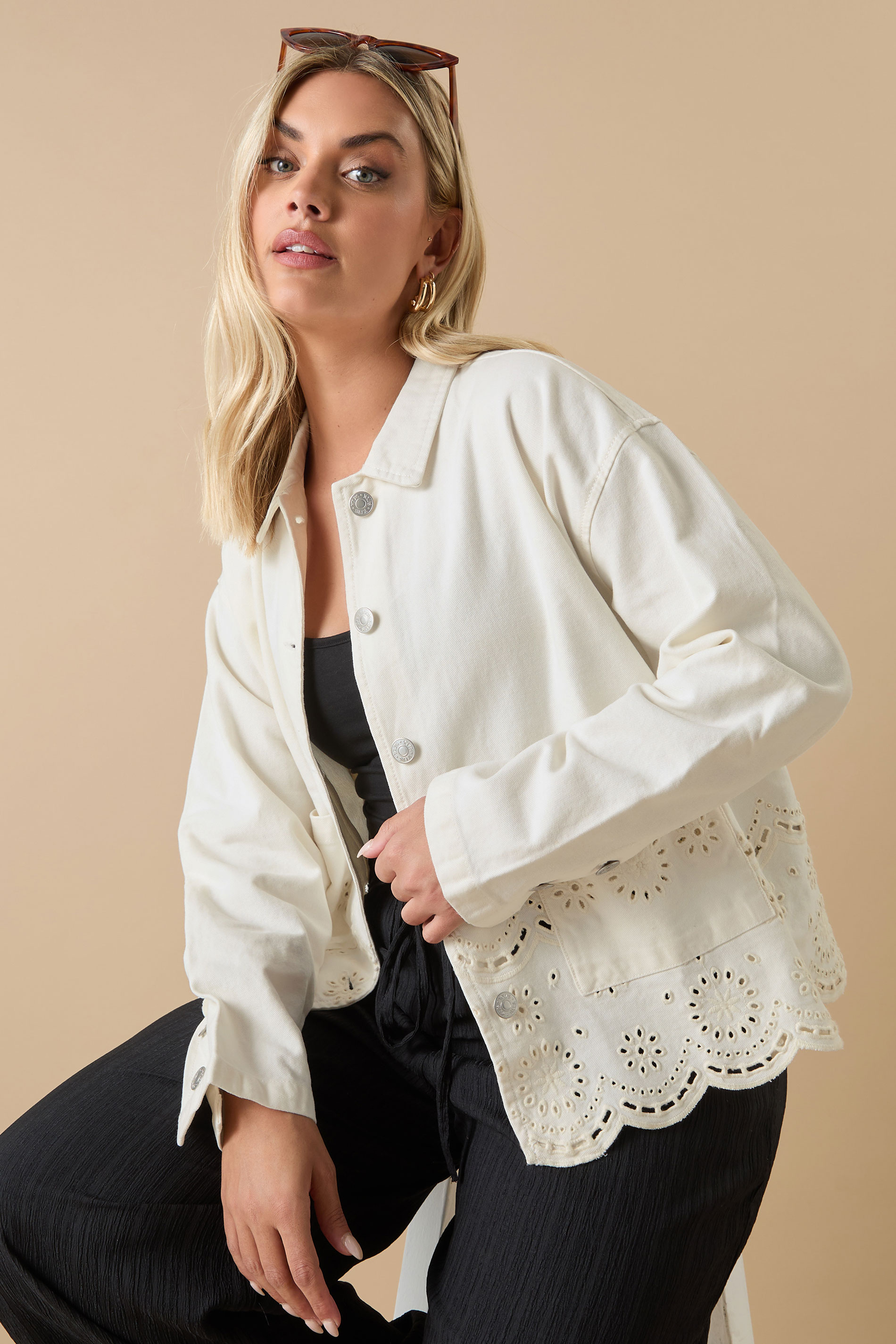 YOURS Plus Size Ivory White Broderie Anglaise Twill Shacket | Yours Clothing 3