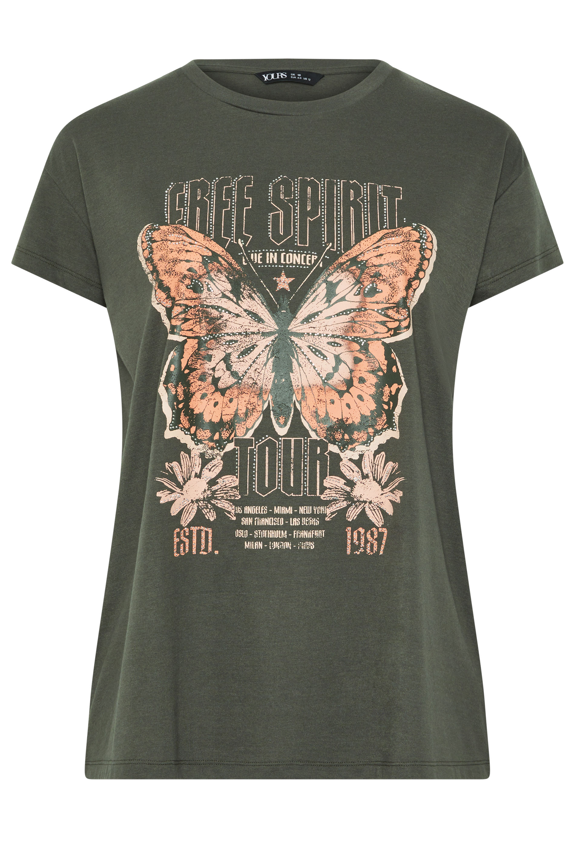 YOURS Plus Size Khaki Green 'Free Spirit' Butterfly Embellished T-Shirt | Yours Clothing 5