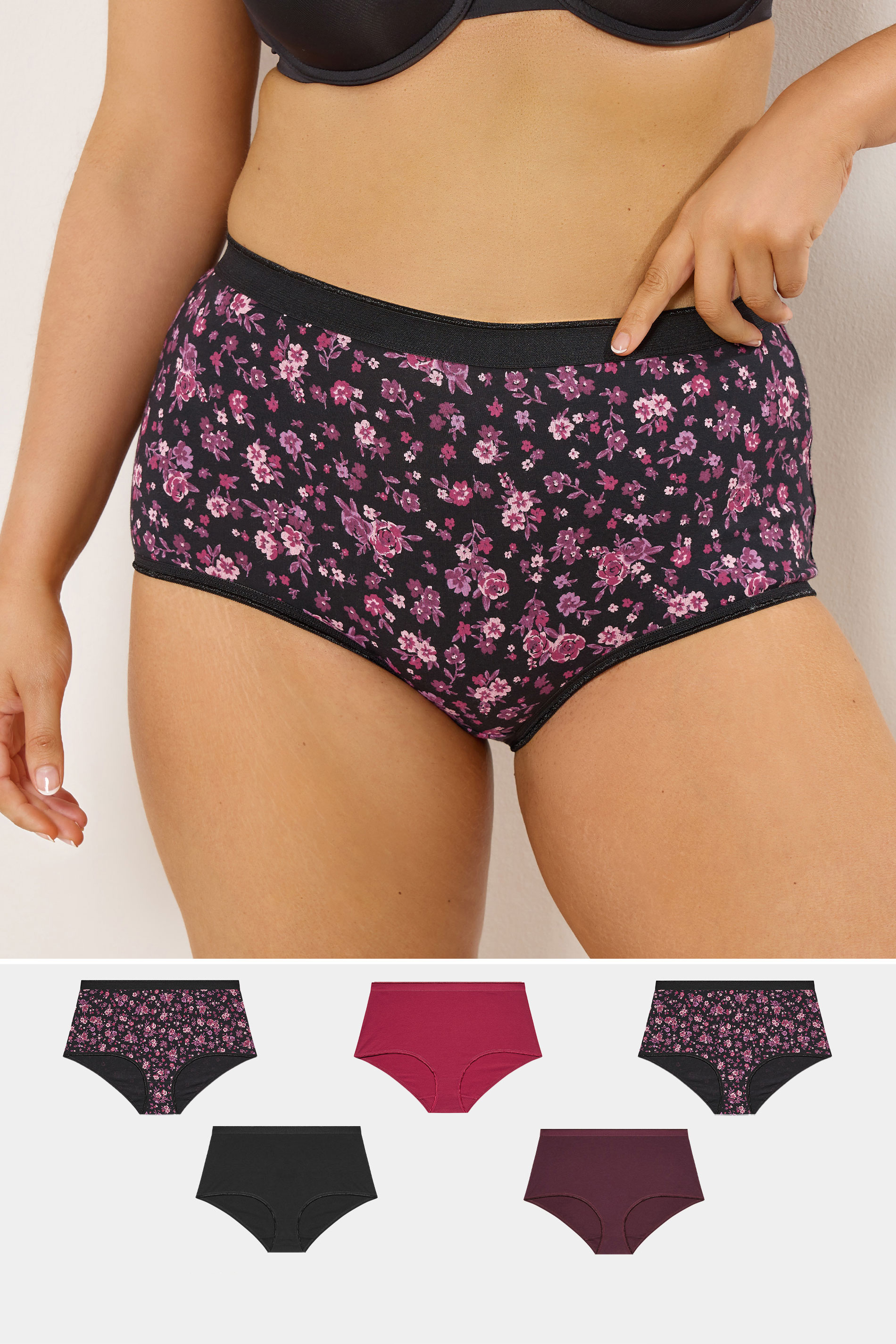 YOURSET 5 PACK Plus Size Burgundy Red Floral Full Briefs | Yours Clothing 1