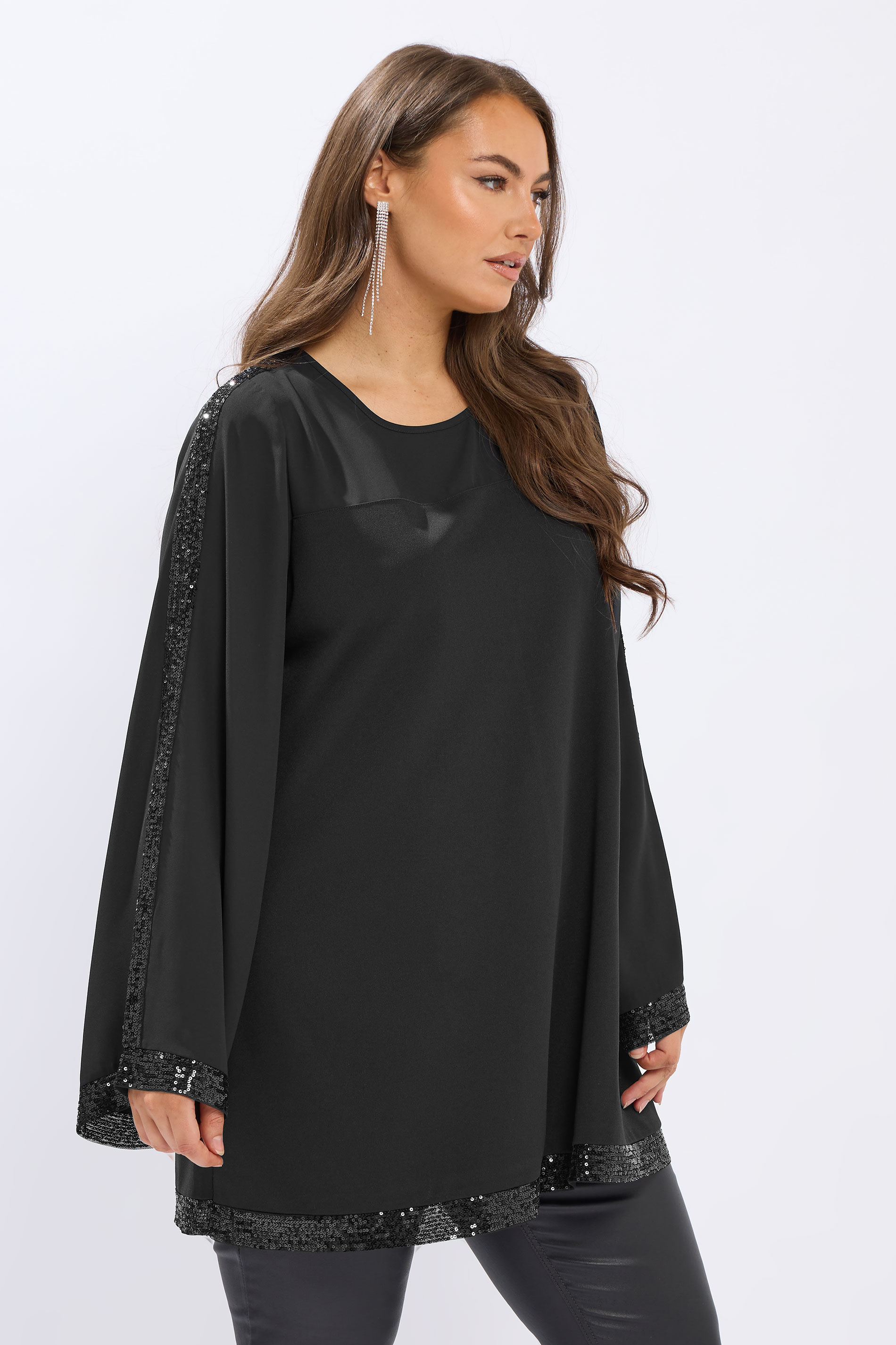 YOURS Plus Size Black Sequin Panel Flare Tunic Top | Yours Clothing 3