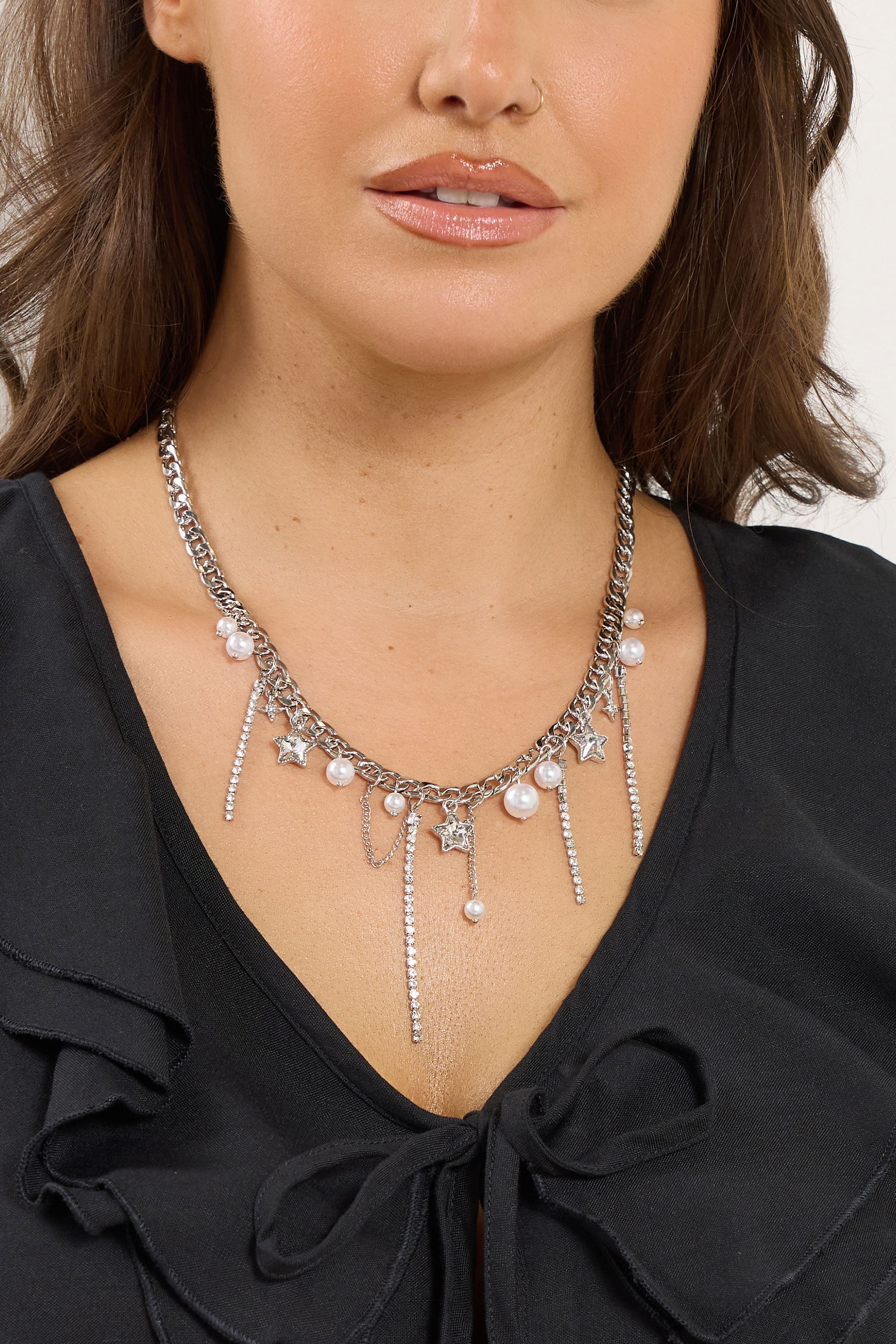 Women's Silver Yours Tone Star Pearl Droplet Necklace Size One Size
