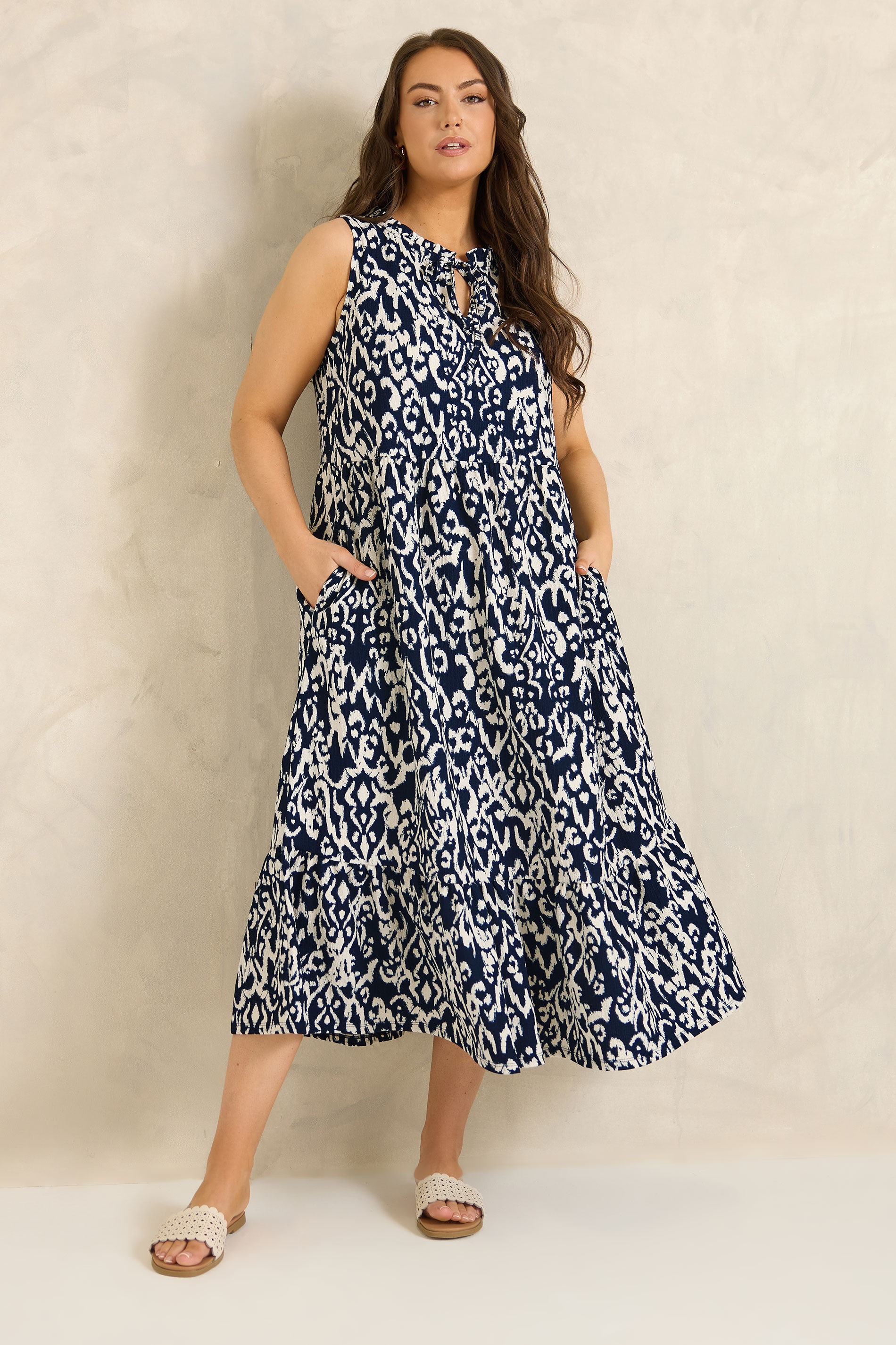 EVANS Plus Size Navy Blue Ikat Tie Neck Maxi Dress | Evans  3