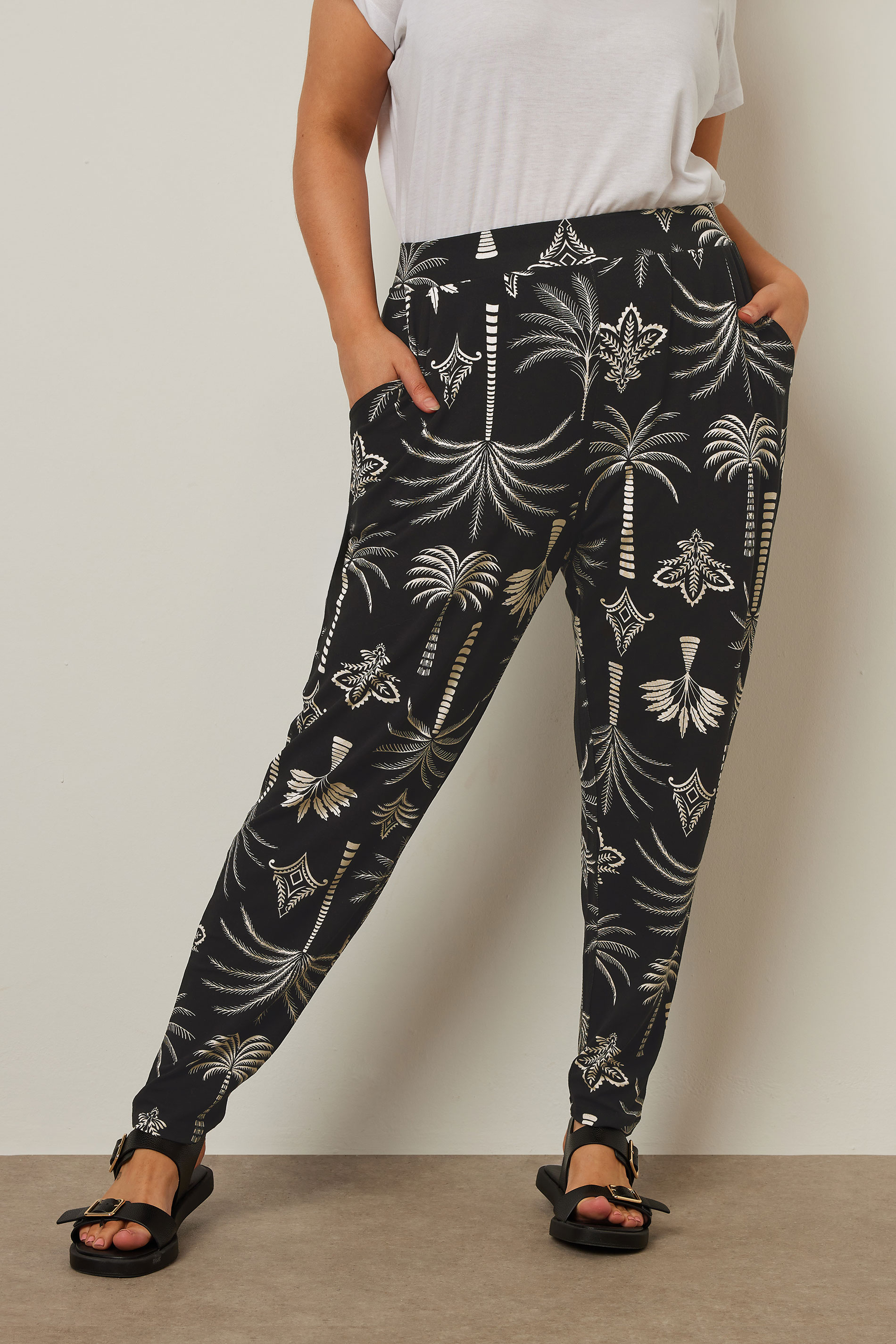 YOURS Plus Size Black Palm Print Balloon Trousers | Yours Clothing 3
