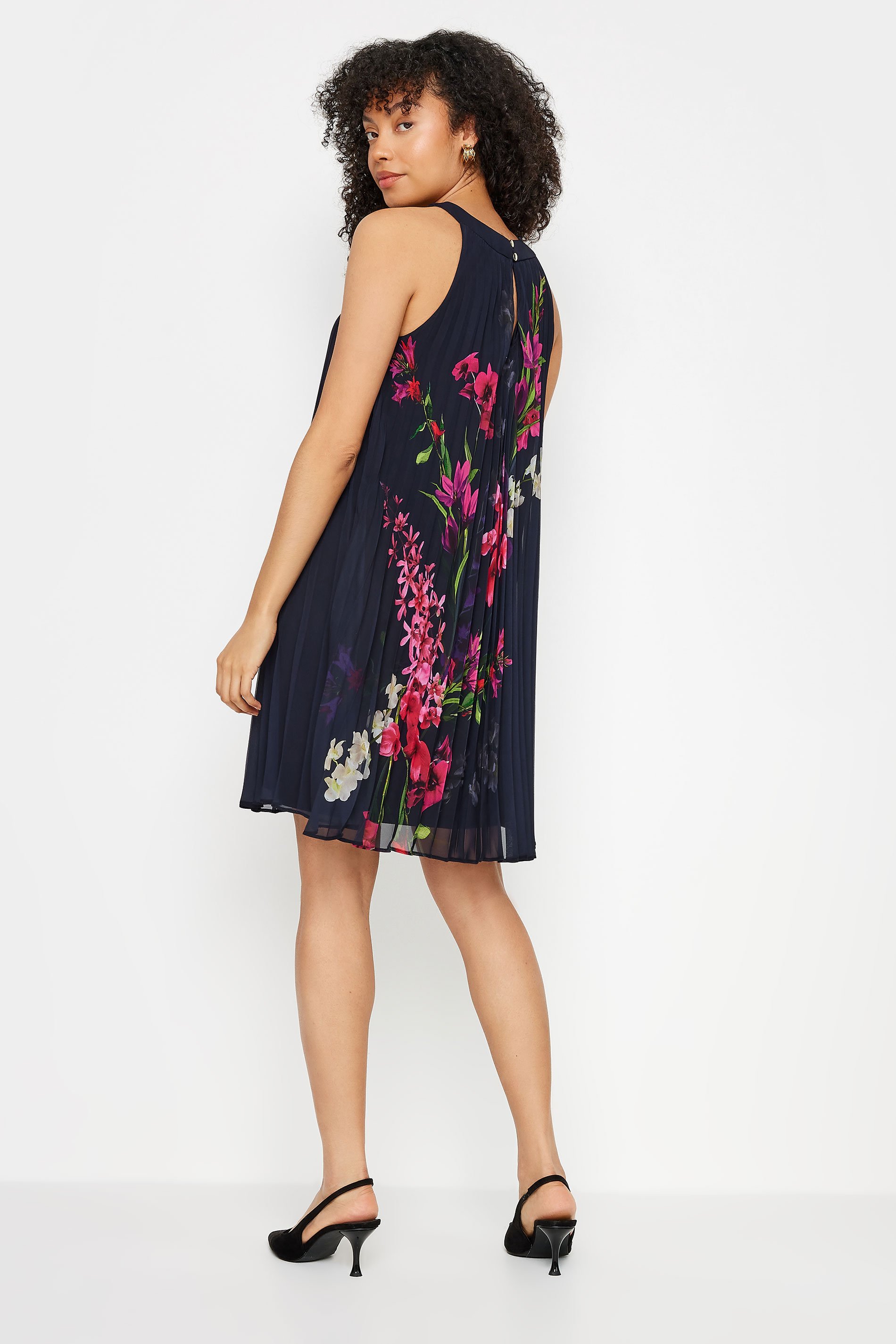 M&Co Navy Blue Floral Print Pleated Dress | M&Co 3