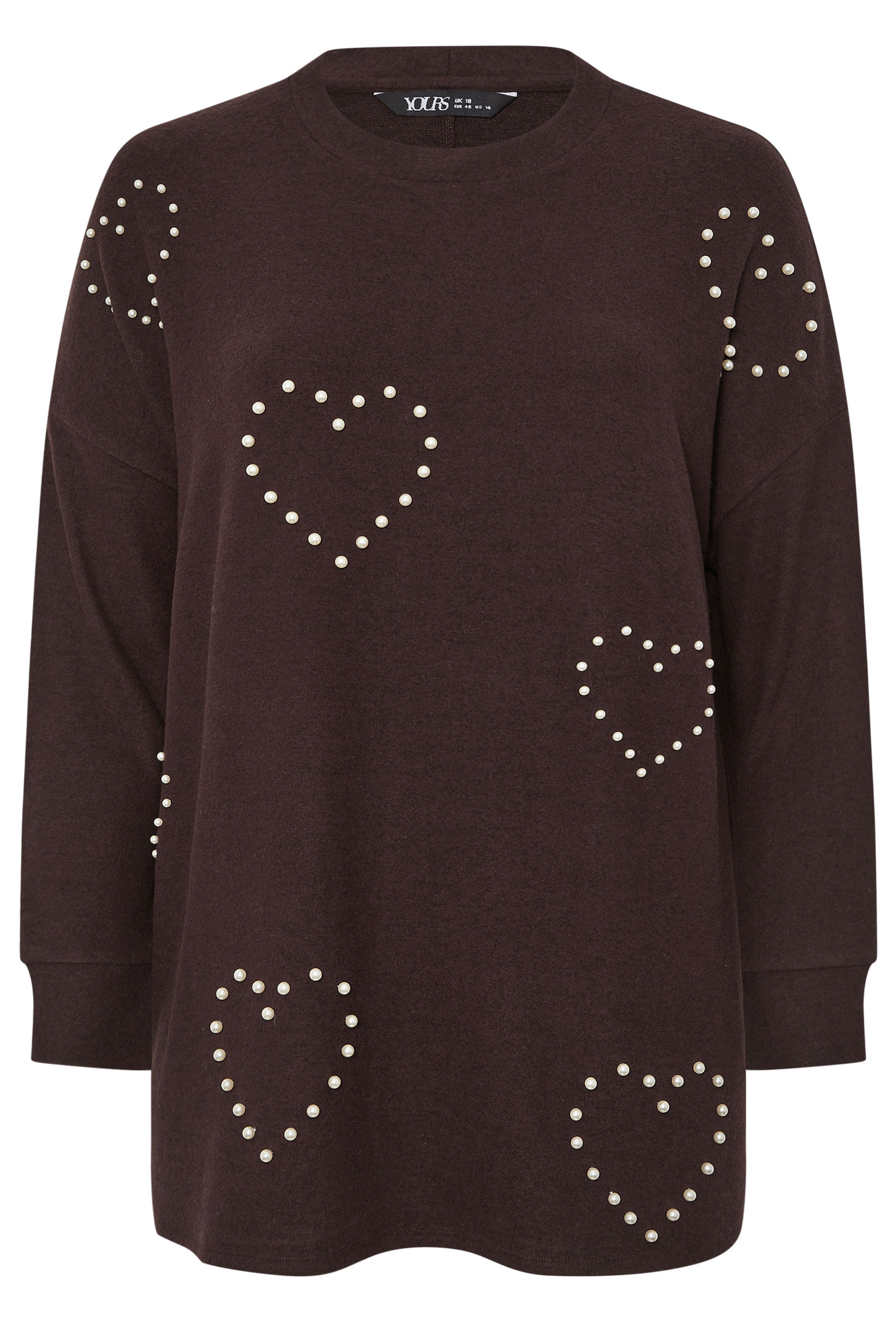 YOURS Plus Size Chocolate Brown Pearl Embellished Soft Touch Jumper | Yours Clothing 5