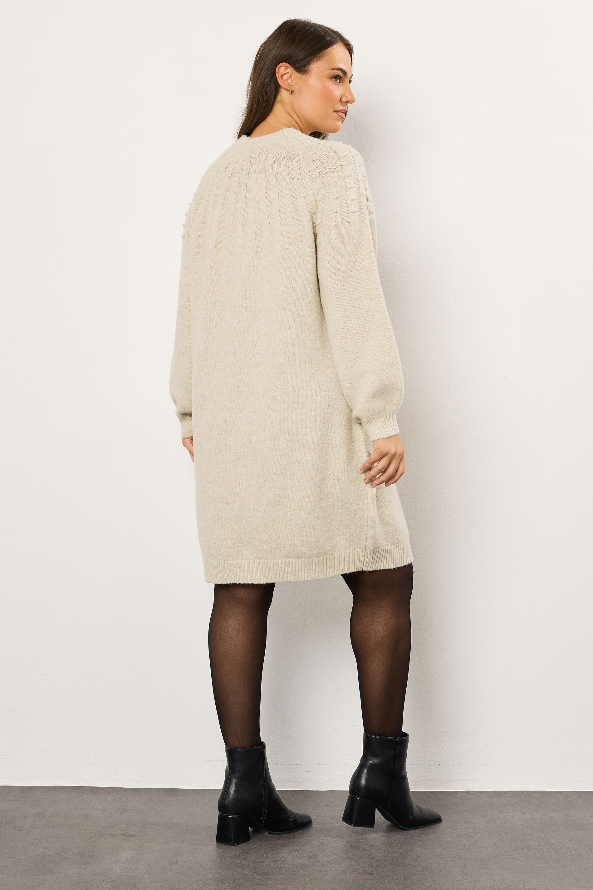 EVANS Plus Size Natural Brown Pearl Embellished Cable Knit Dress | Evans 2