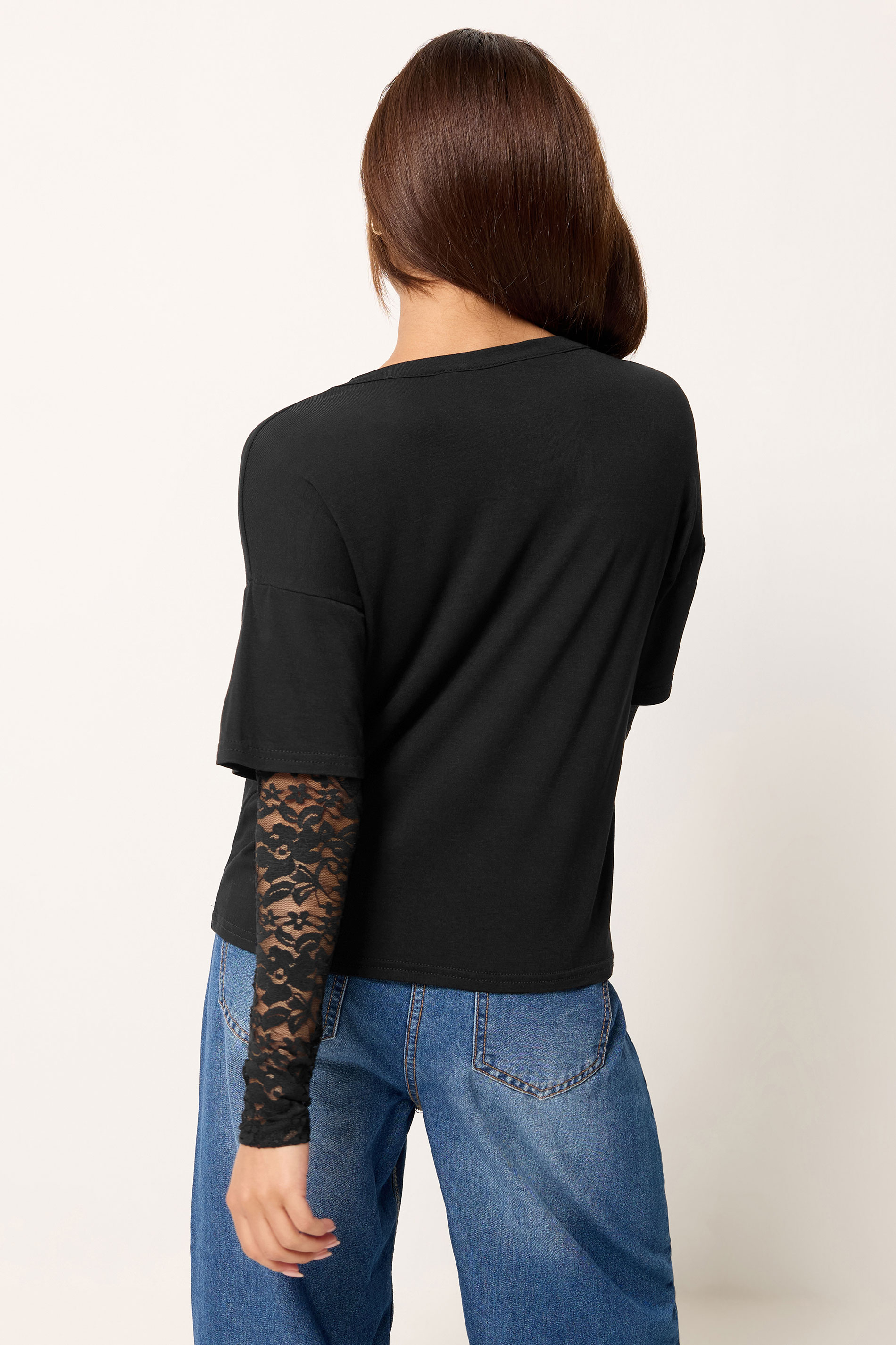 PixieGirl Petite Women's Black Lace Sleeve T-Shirt | PixieGirl 2