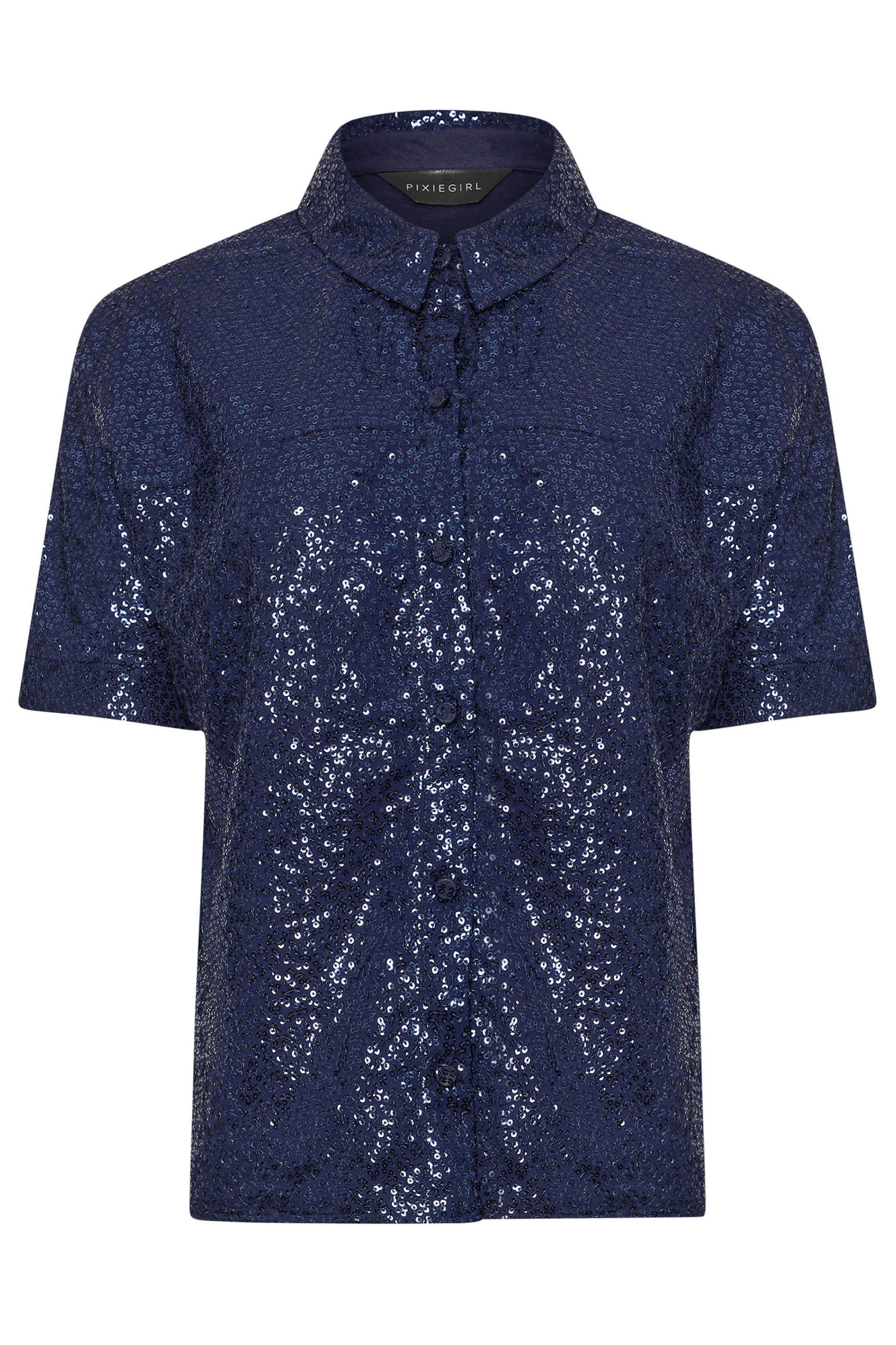 PixieGirl Petite Women's Navy Blue Sequin Embellished Short Sleeve Shirt | PixieGirl 8