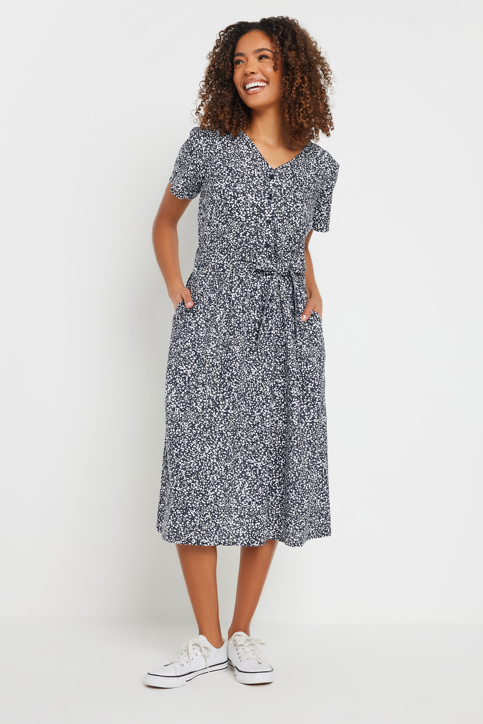 M&Co Navy Blue Spot Print Belted Midi Dress | M&Co 1