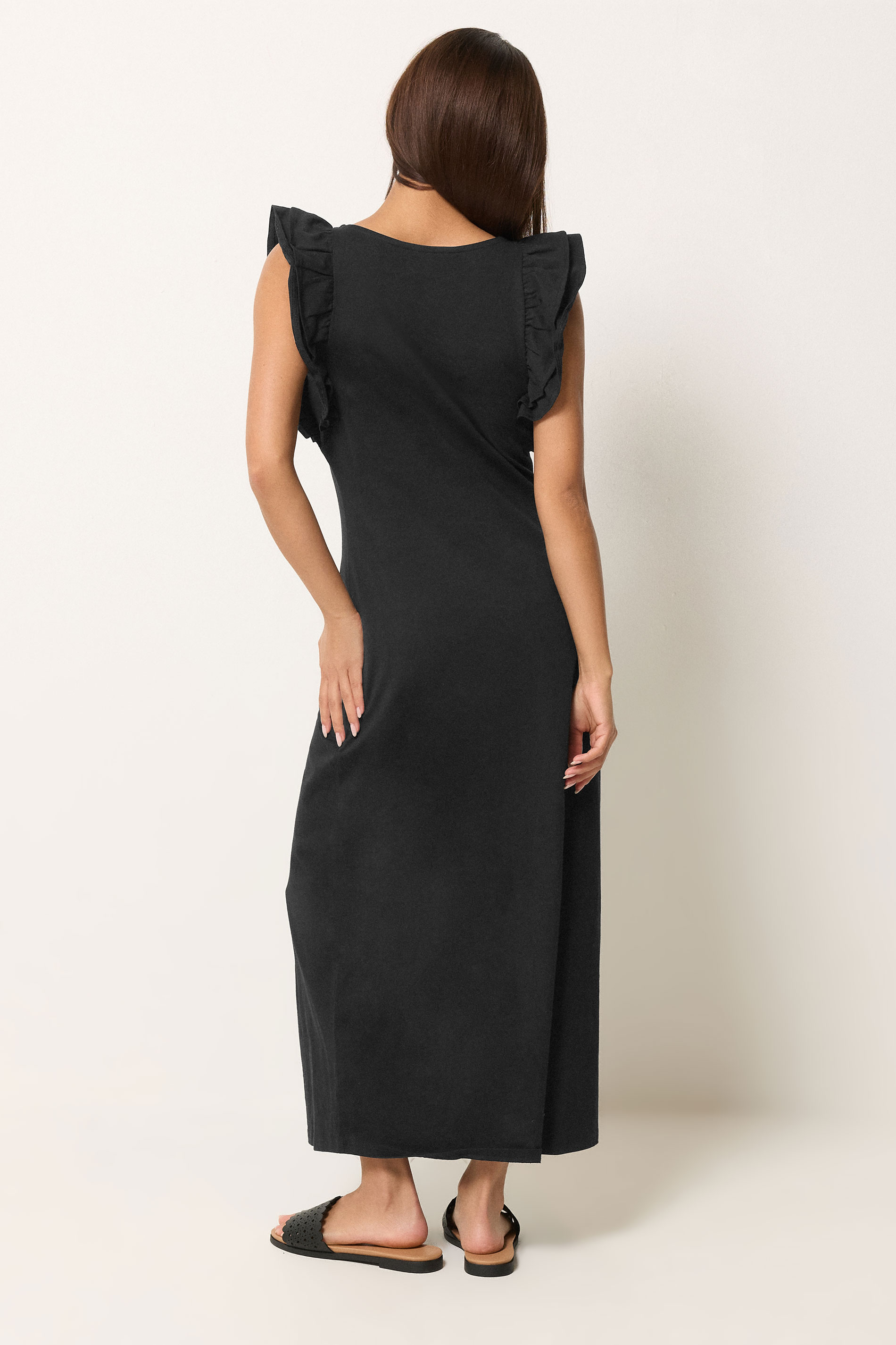 PixieGirl Petite Women's Black Frill Sleeve Cotton Maxi Dress | PixieGirl 4