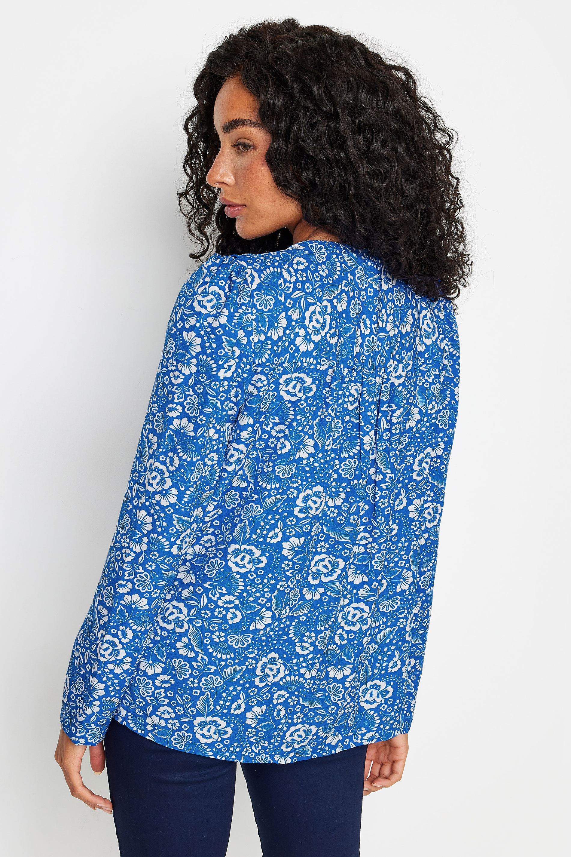 M&Co Petite Blue Floral Print Long Sleeve Blouse | M&Co 3
