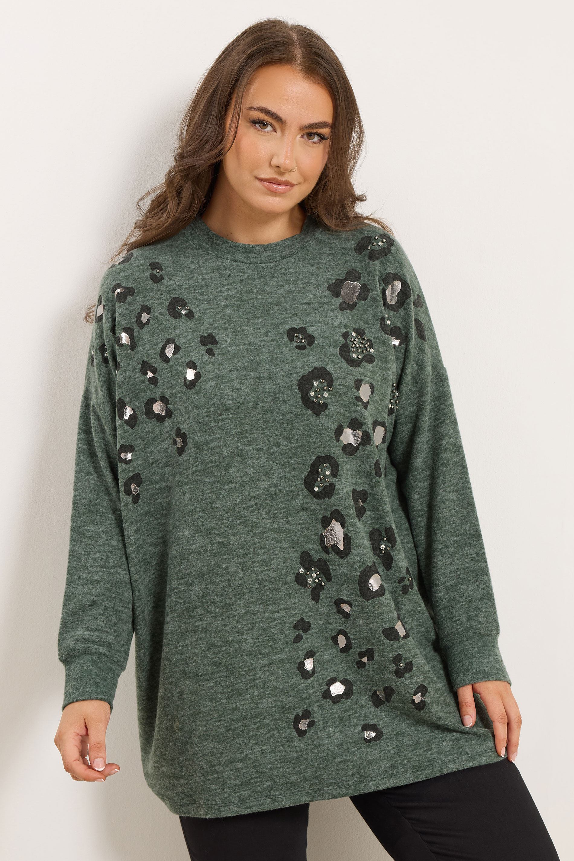 YOURS Plus Size Green Leopard Animal Print Stud Jumper | Yours Clothing 3
