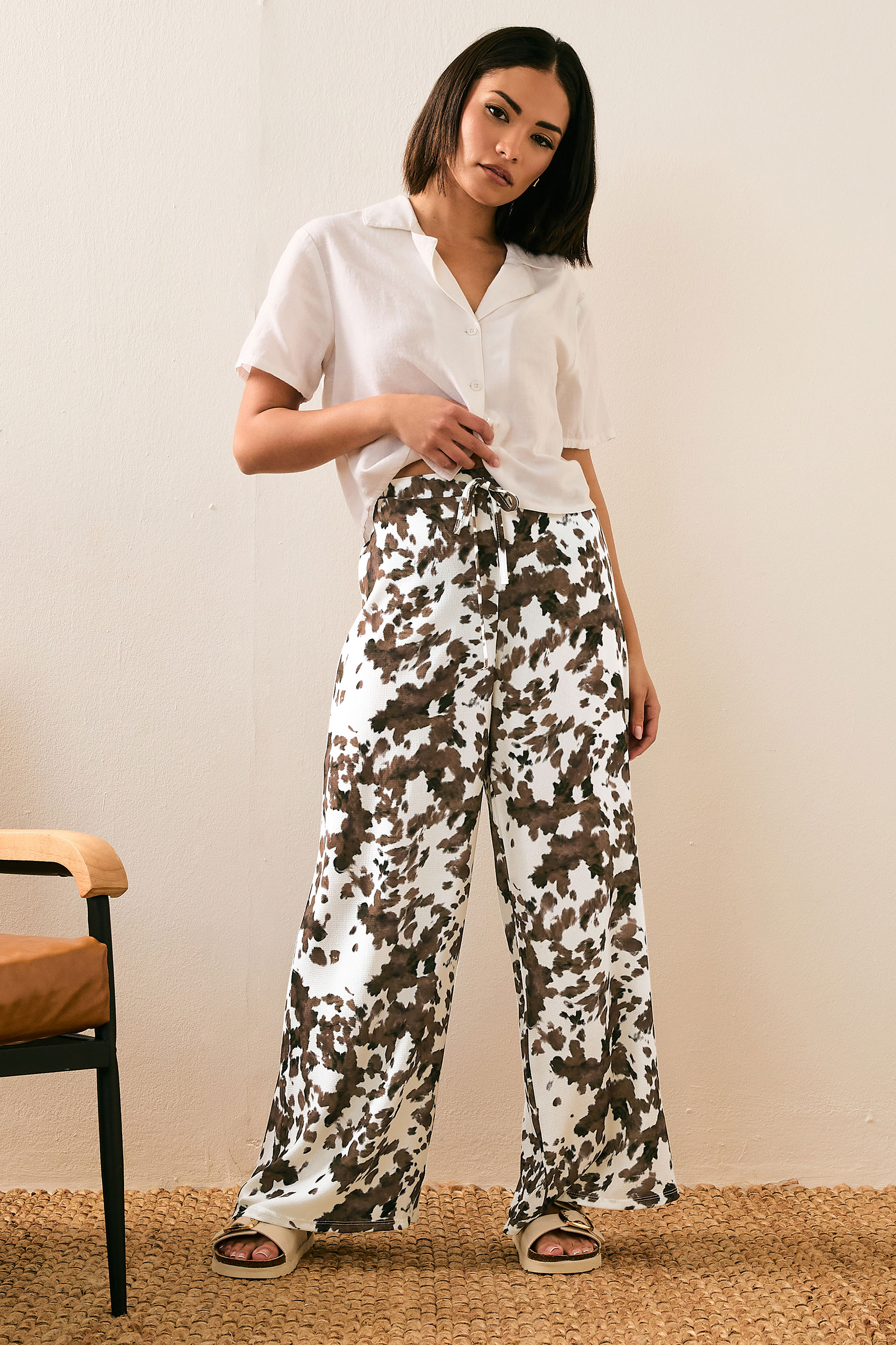 PixieGirl Petite Women's Brown Cow Print Wide Leg Trousers | PixieGirl 3