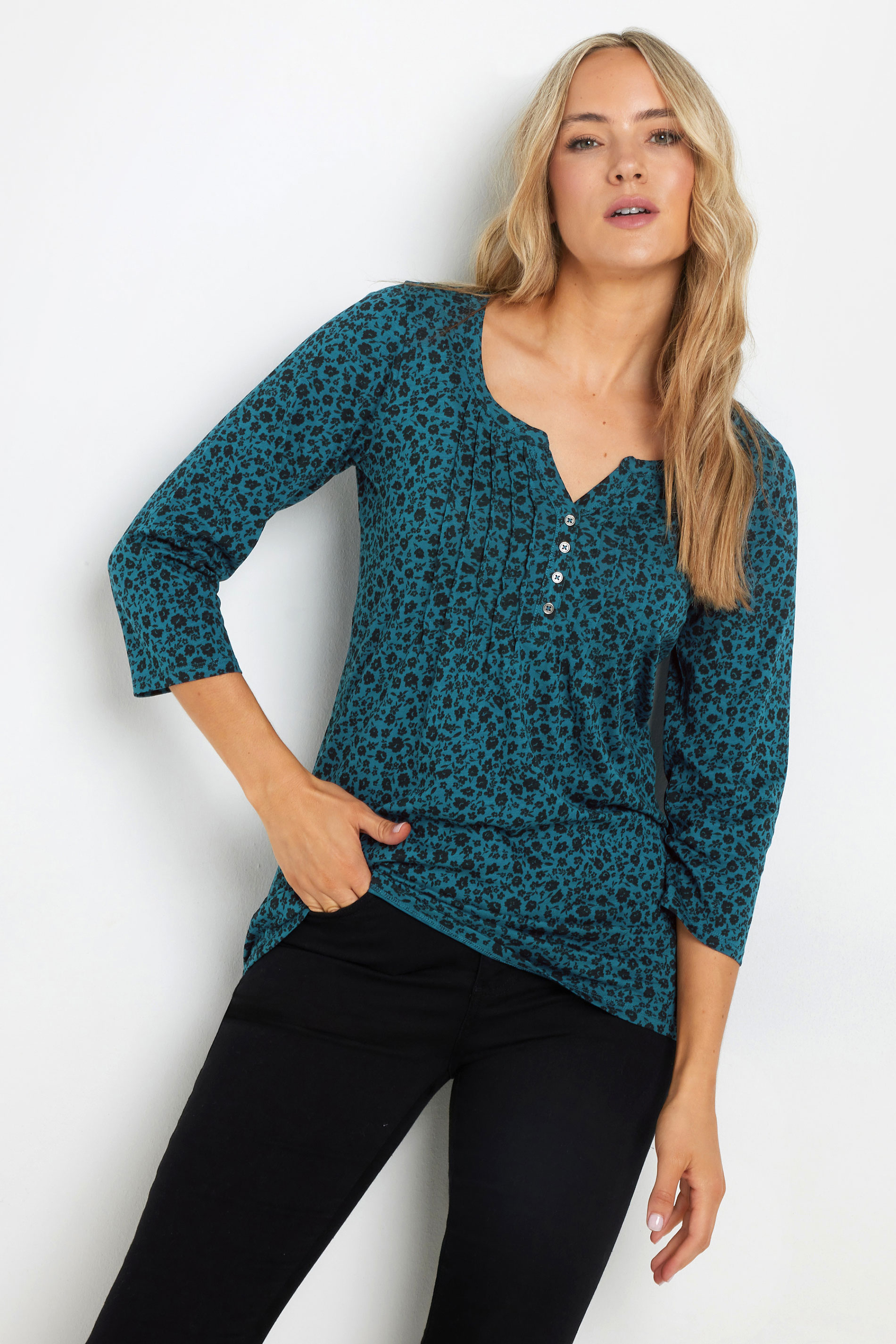 LTS Tall Teal Blue Ditsy Floral Cotton Henley Top | Long Tall Sally 3