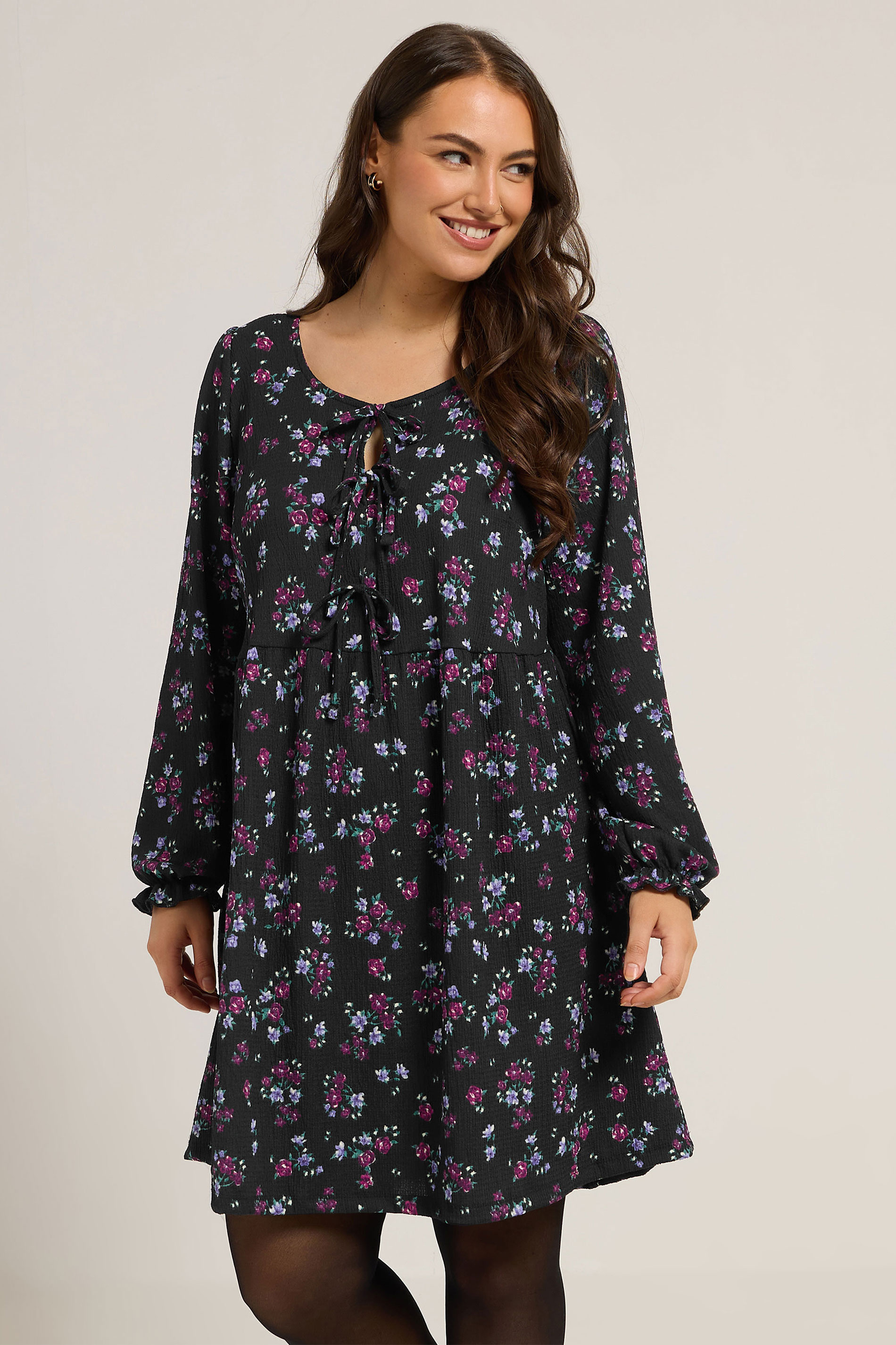 YOURS Plus Size Black Floral Tie Front Textured Dress | Yours Clothing 3