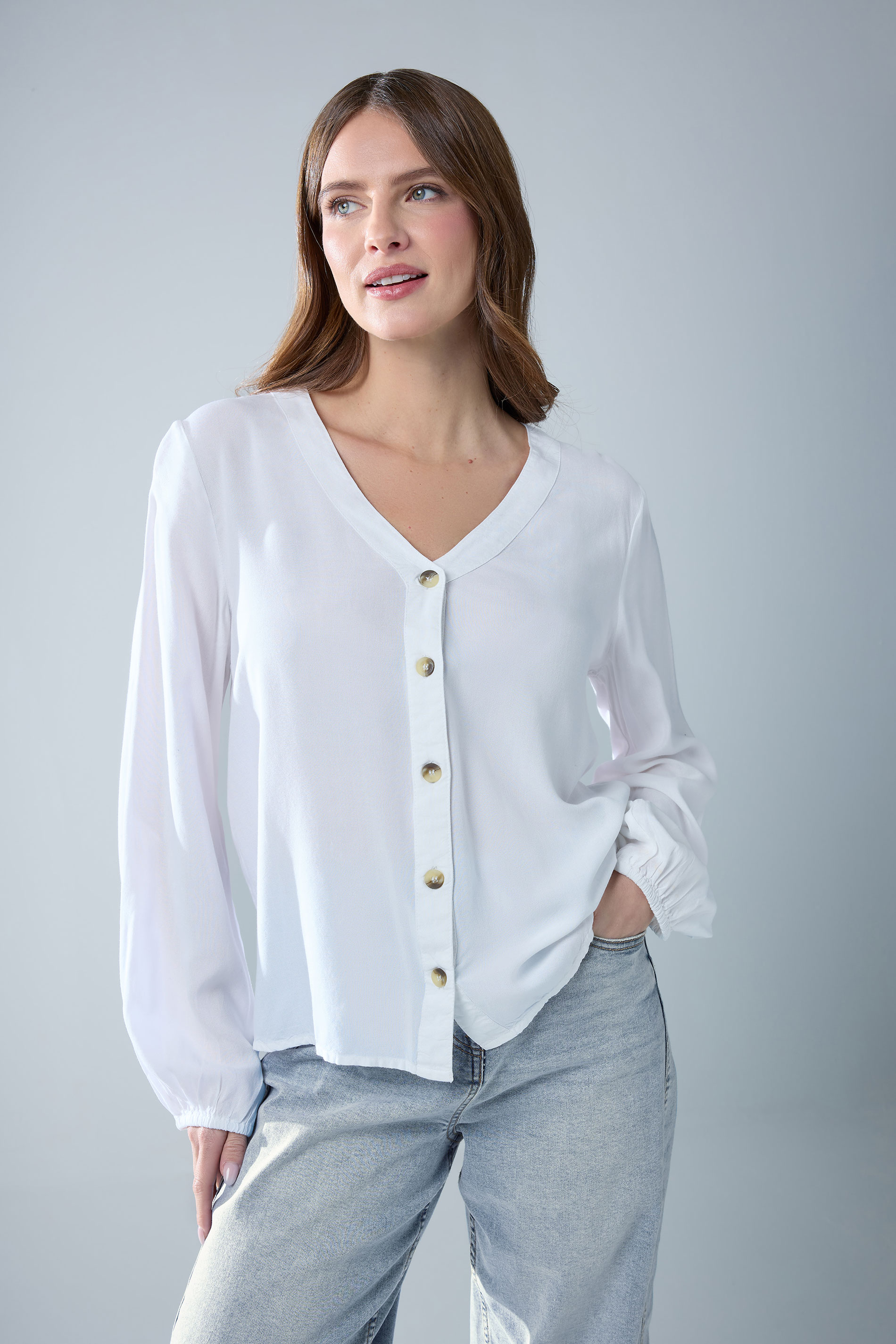 M&Co White Button Front Long Sleeve Blouse | M&Co 3