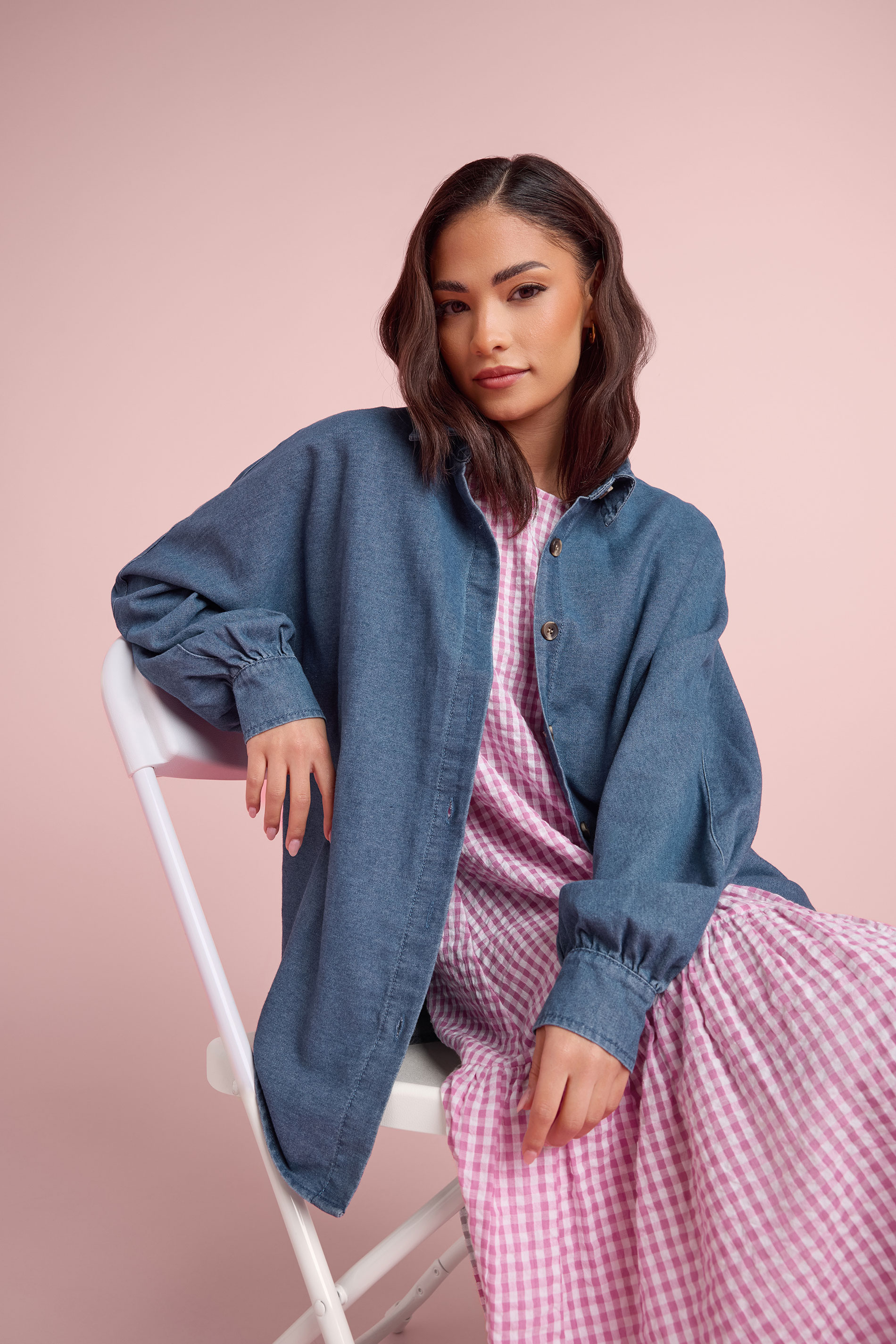 PixieGirl Petite Women's Mid Blue Oversized Denim Shirt | PixieGirl 3
